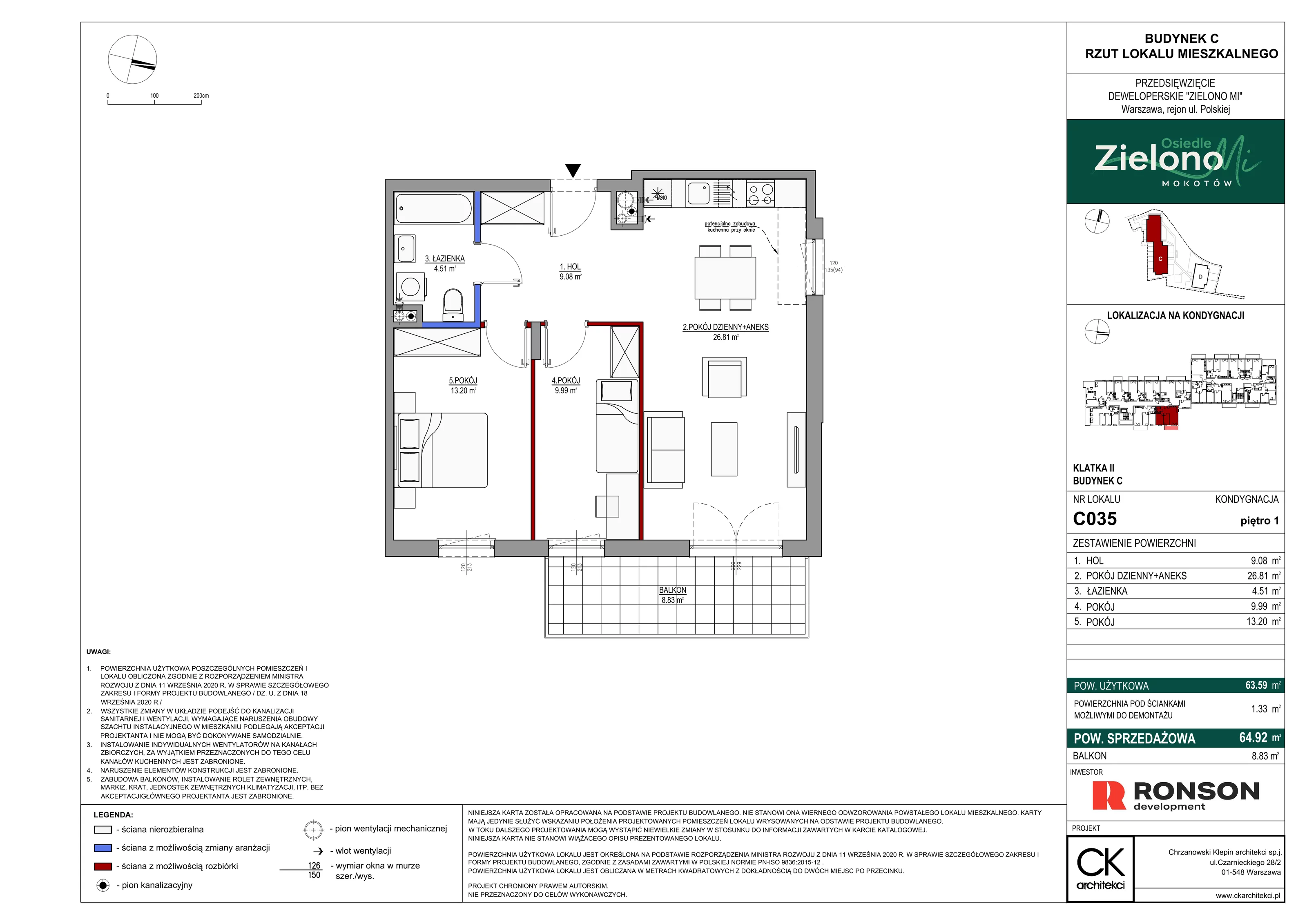 3 pokoje, mieszkanie 64,92 m², piętro 1, oferta nr C035, Zielono MI II, Warszawa, Mokotów, Siekierki, ul. Polska 10