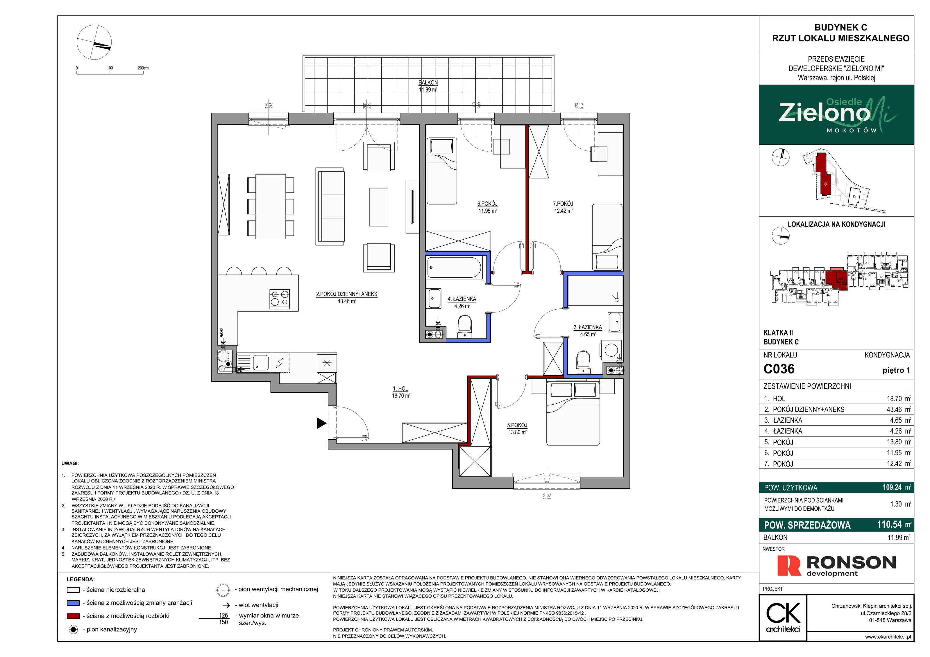 4 pokoje, mieszkanie 110,54 m², piętro 1, oferta nr C036, Zielono Mi II, Warszawa, Mokotów, Siekierki, ul. Polska 10