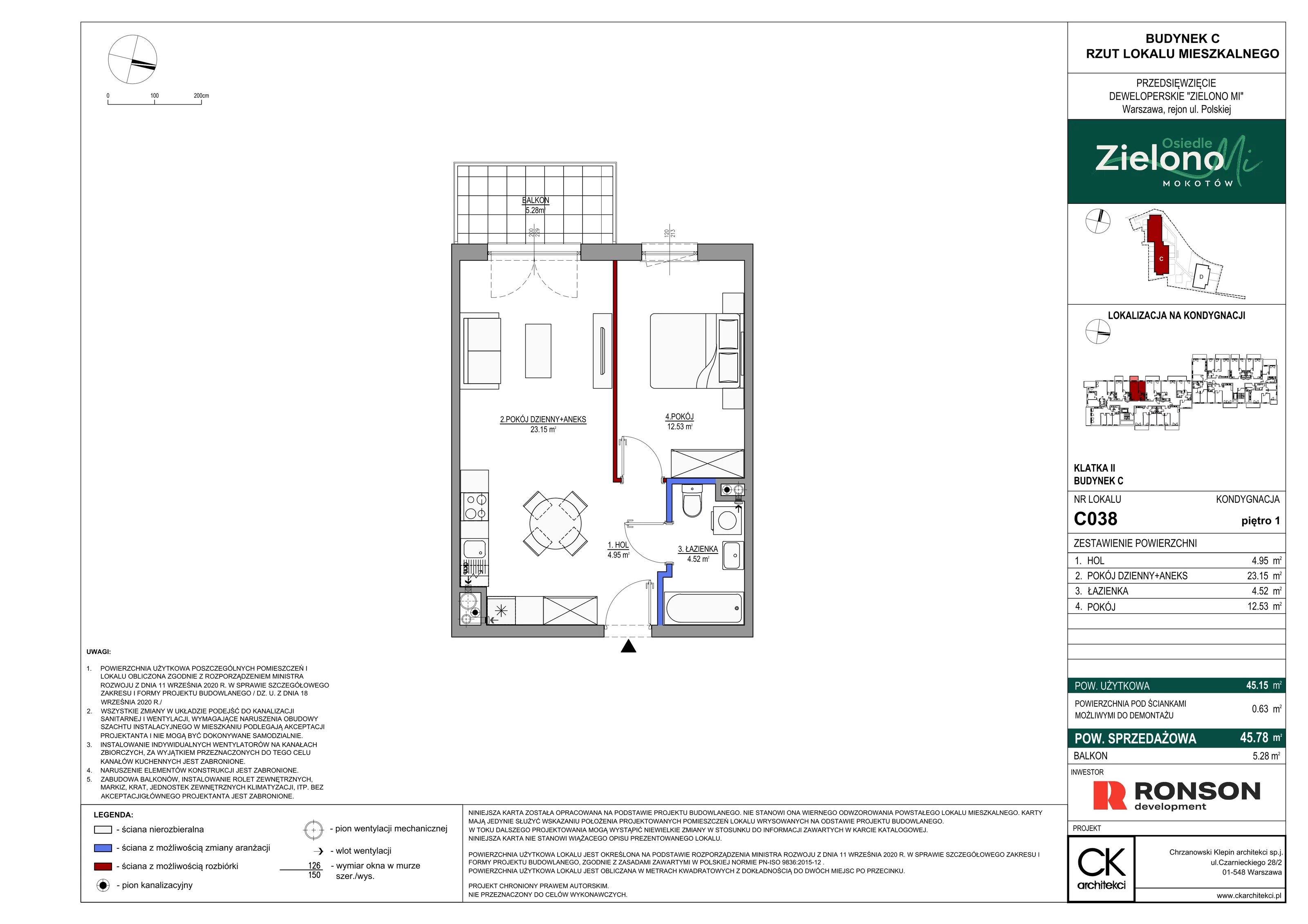 2 pokoje, mieszkanie 45,78 m², piętro 1, oferta nr C038, Zielono MI II, Warszawa, Mokotów, Siekierki, ul. Polska 10