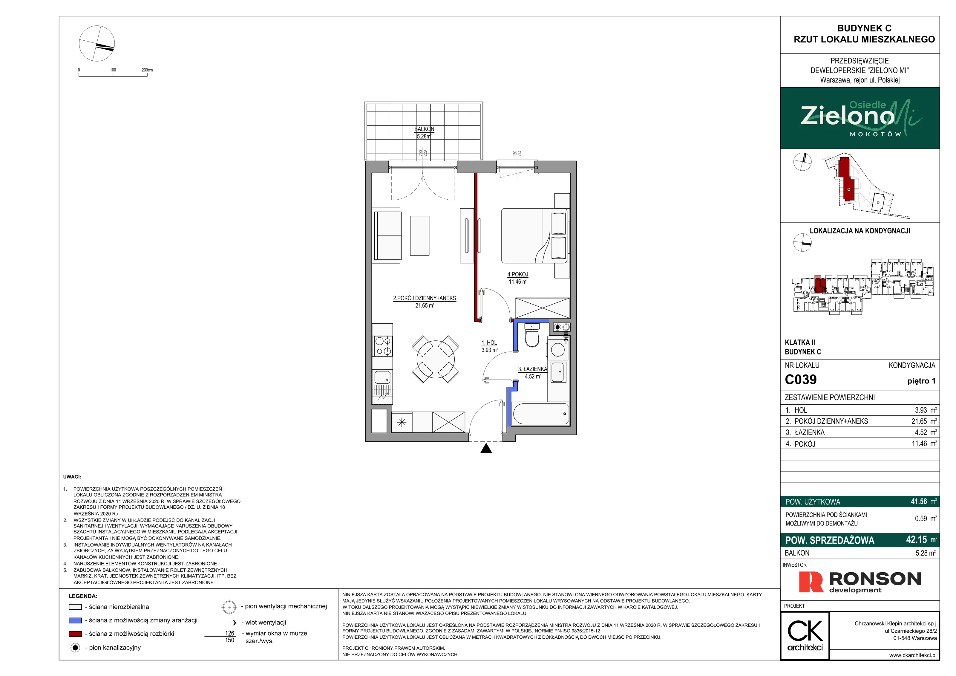 2 pokoje, mieszkanie 42,15 m², piętro 1, oferta nr C039, Zielono Mi II, Warszawa, Mokotów, Siekierki, ul. Polska 10