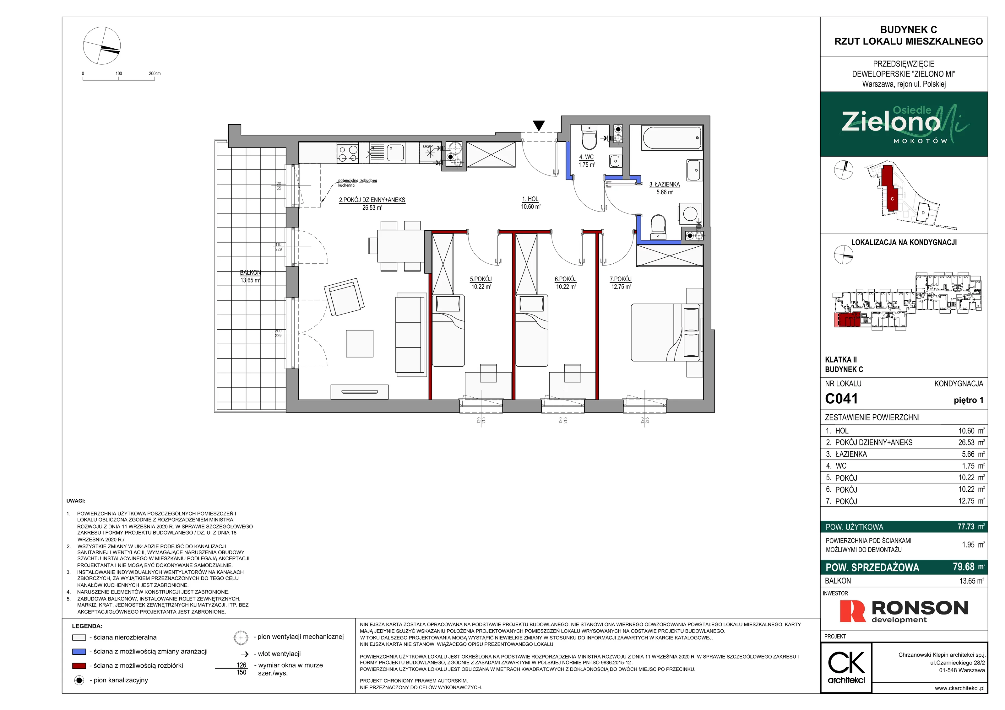 4 pokoje, mieszkanie 79,68 m², piętro 1, oferta nr C041, Zielono Mi II, Warszawa, Mokotów, Siekierki, ul. Polska 10