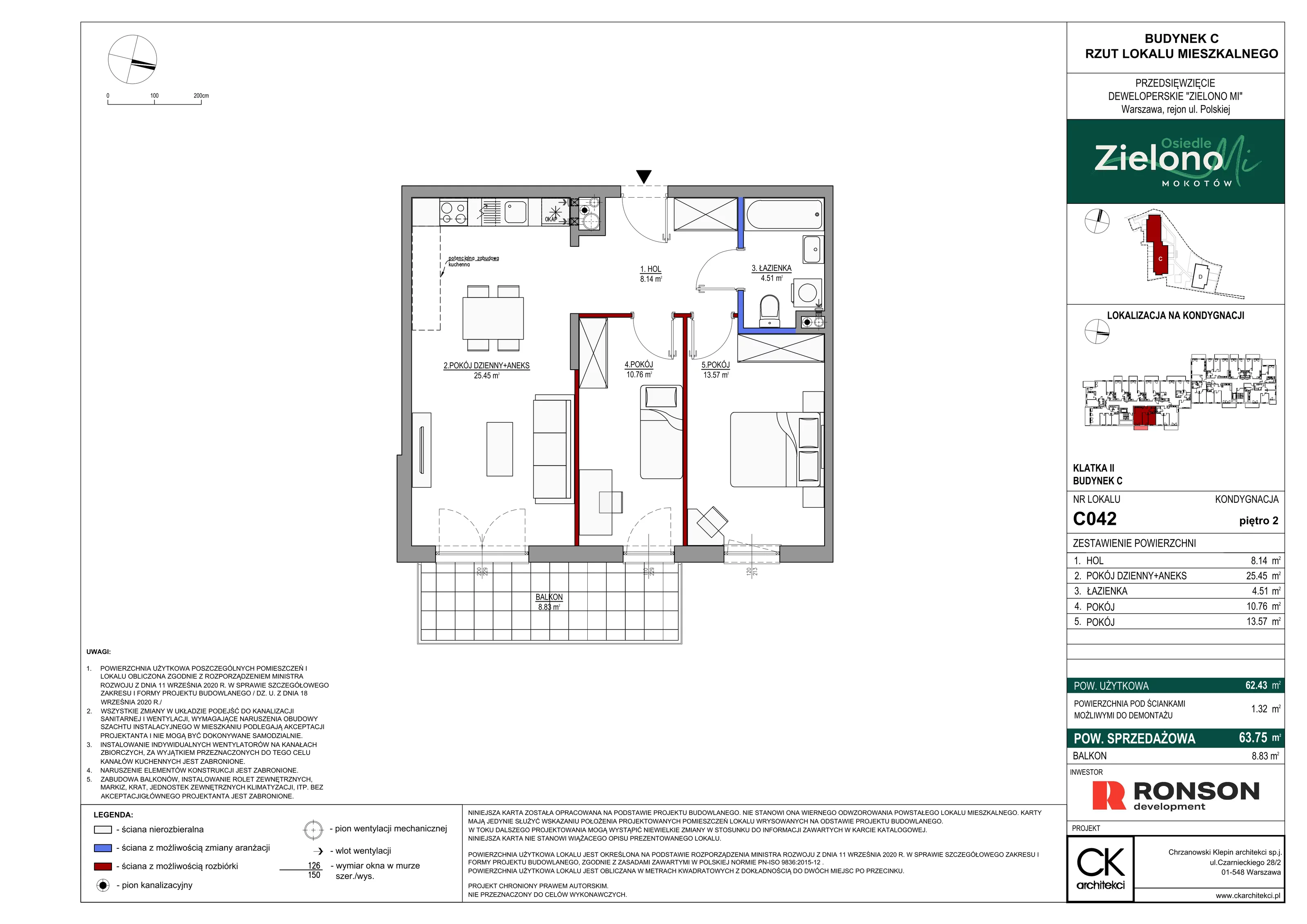 3 pokoje, mieszkanie 63,75 m², piętro 2, oferta nr C042, Zielono MI II, Warszawa, Mokotów, Siekierki, ul. Polska 10