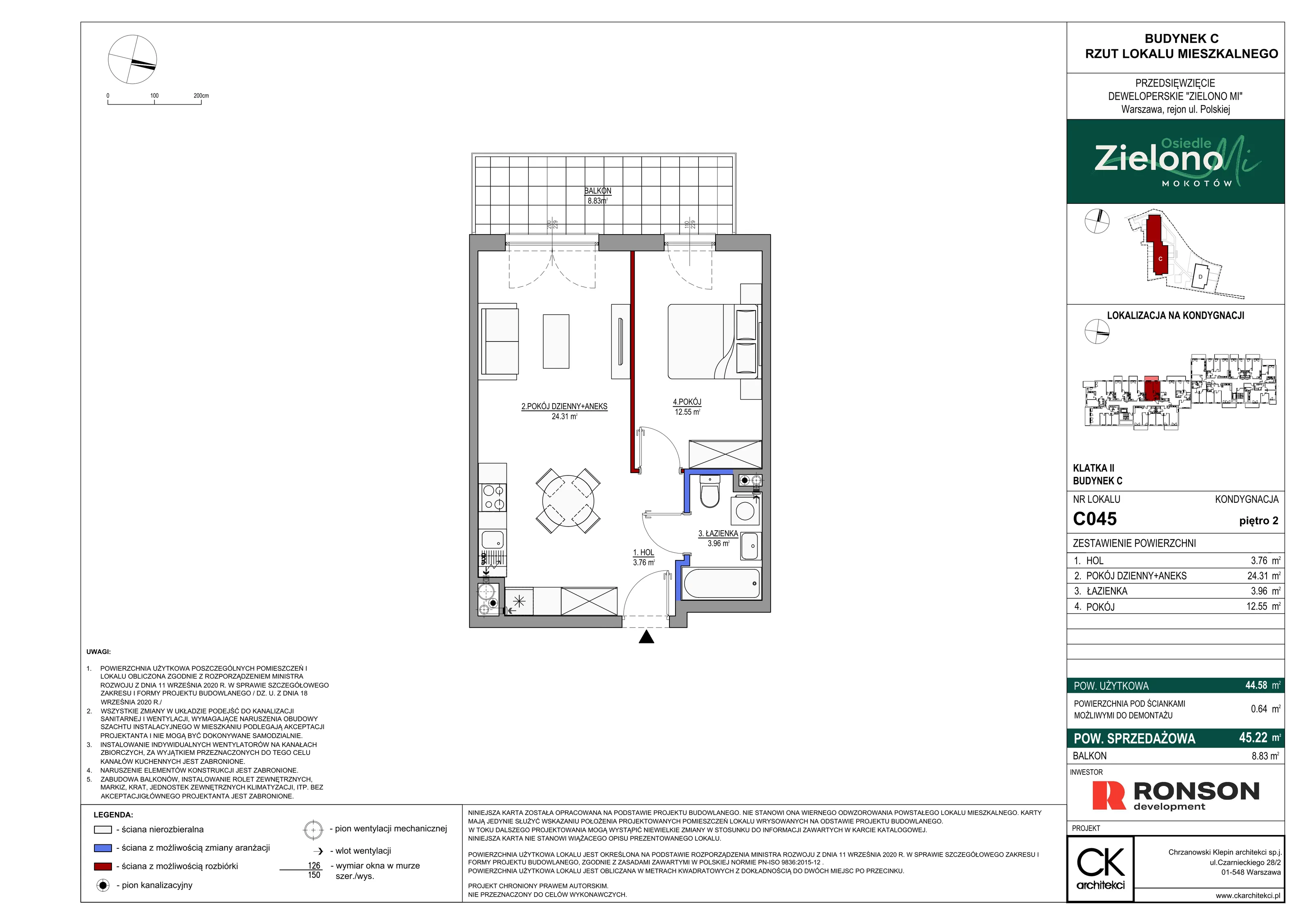 2 pokoje, mieszkanie 45,22 m², piętro 2, oferta nr C045, Zielono MI II, Warszawa, Mokotów, Siekierki, ul. Polska 10