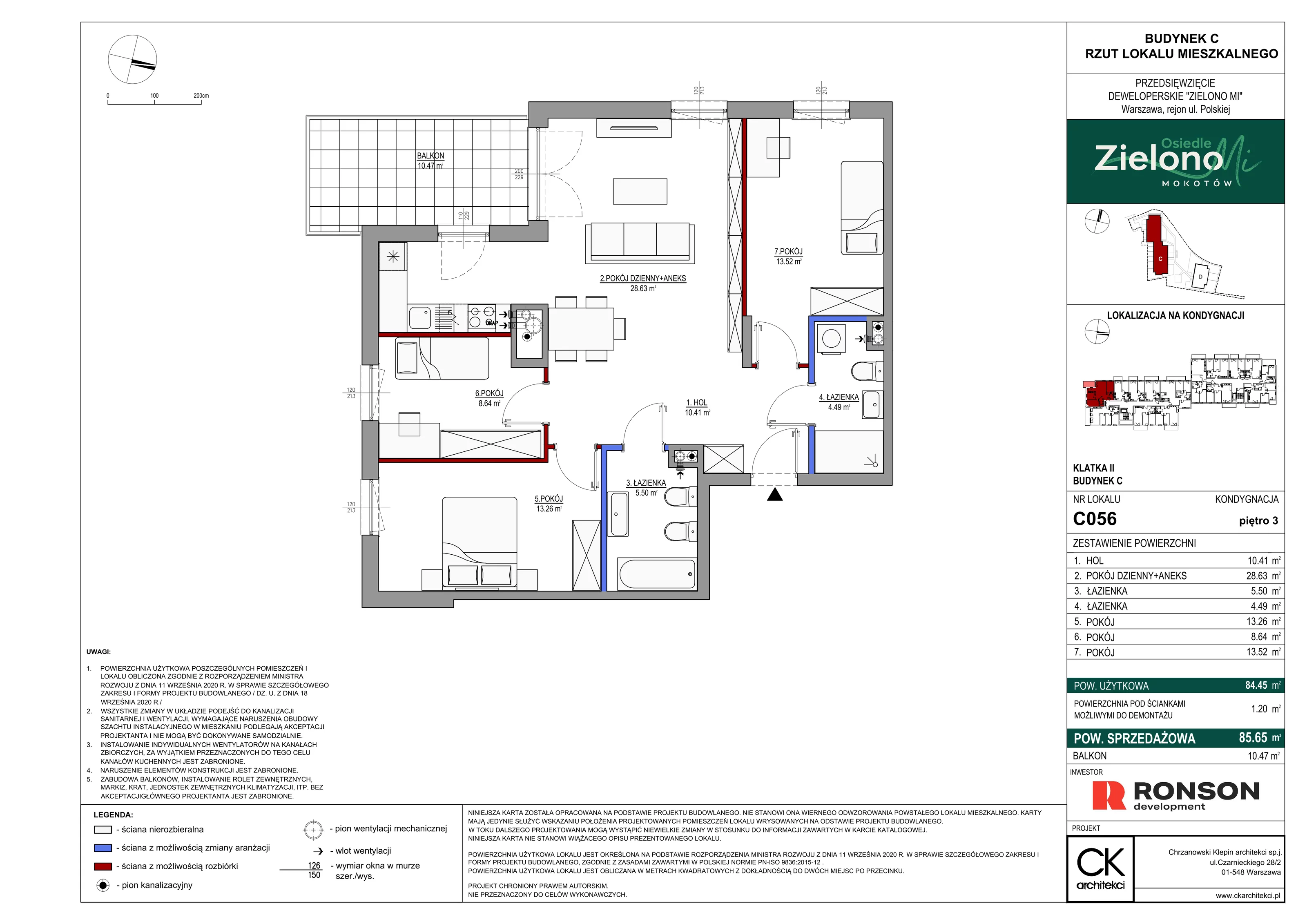 4 pokoje, mieszkanie 85,65 m², piętro 3, oferta nr C056, Zielono Mi II, Warszawa, Mokotów, Siekierki, ul. Polska 10