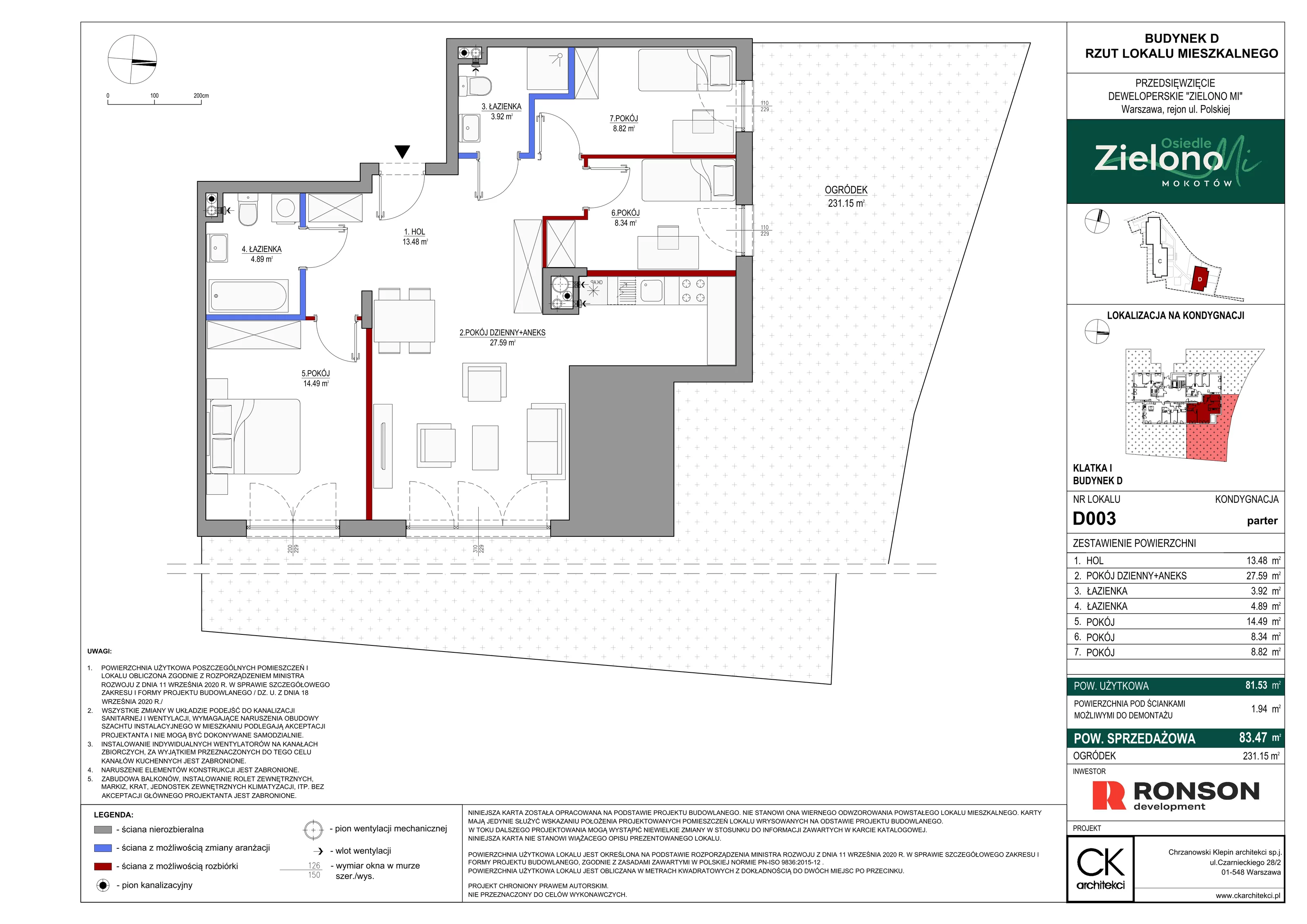 4 pokoje, mieszkanie 83,47 m², parter, oferta nr D003, Zielono MI II, Warszawa, Mokotów, Siekierki, ul. Polska 10