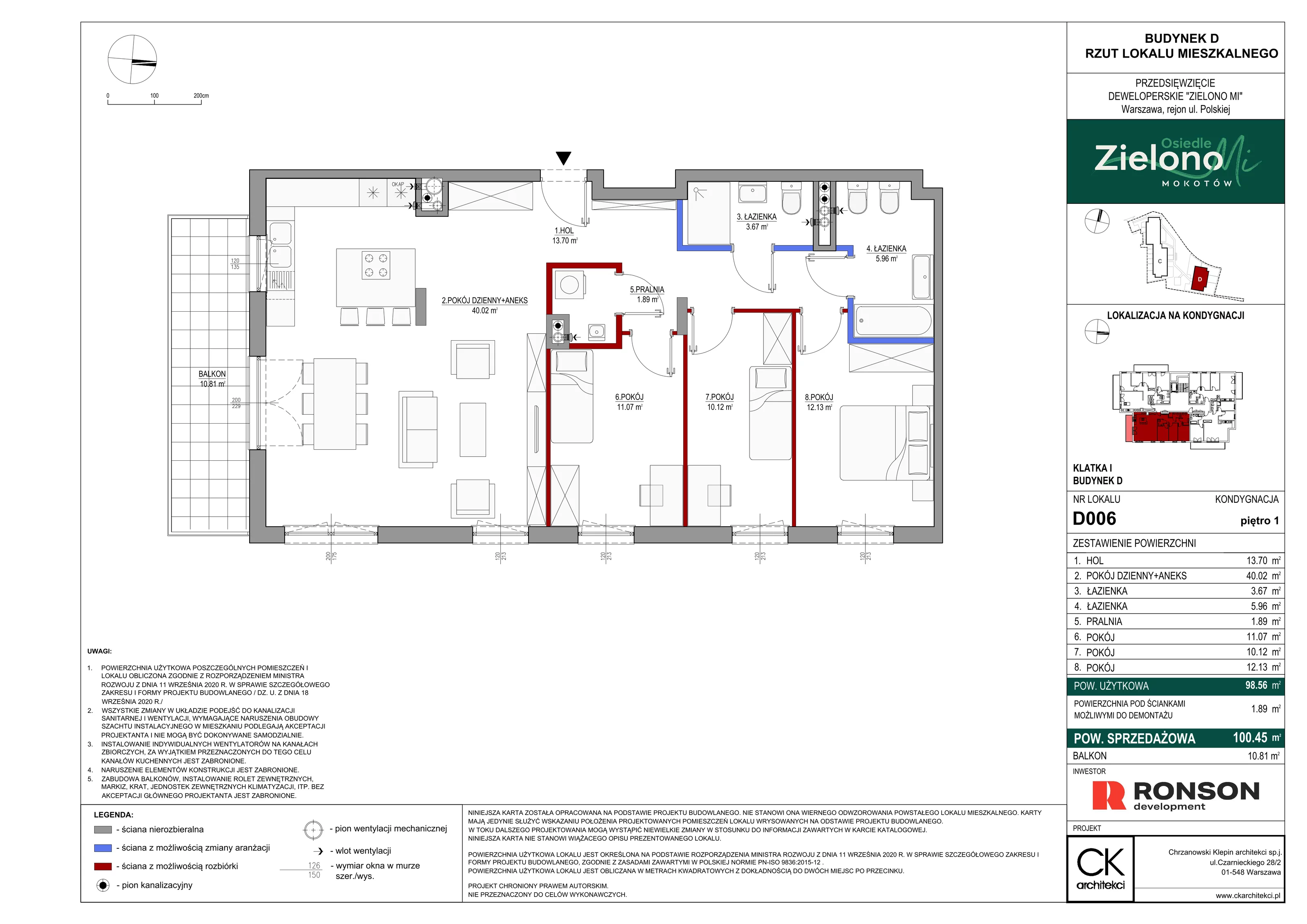 4 pokoje, mieszkanie 100,45 m², piętro 1, oferta nr D006, Zielono Mi II, Warszawa, Mokotów, Siekierki, ul. Polska 10