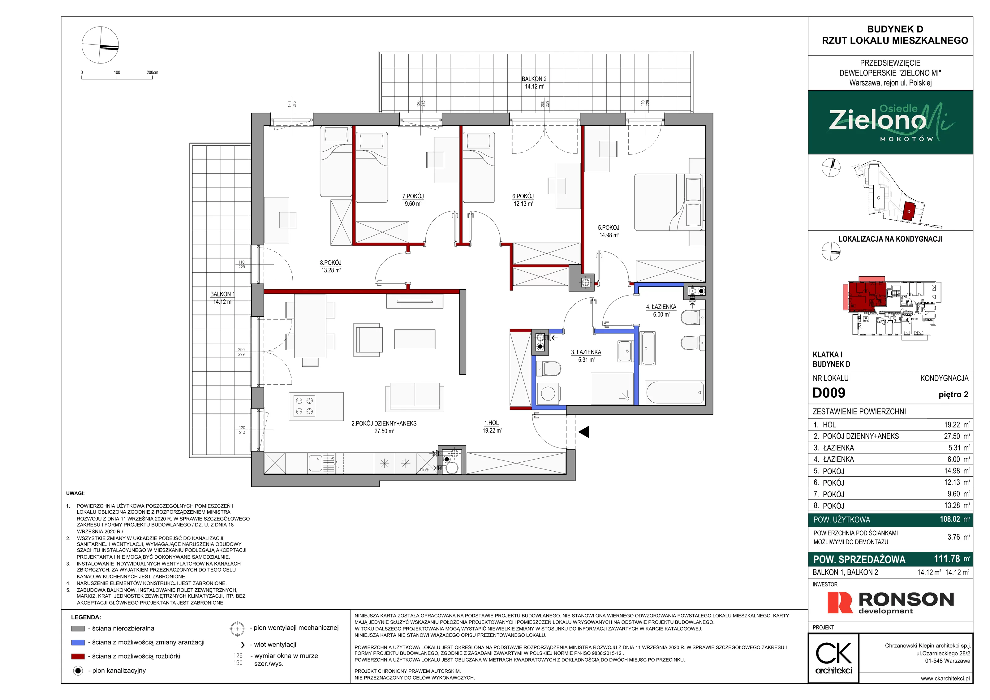 5 pokoi, mieszkanie 111,78 m², piętro 2, oferta nr D009, Zielono Mi II, Warszawa, Mokotów, Siekierki, ul. Polska 10