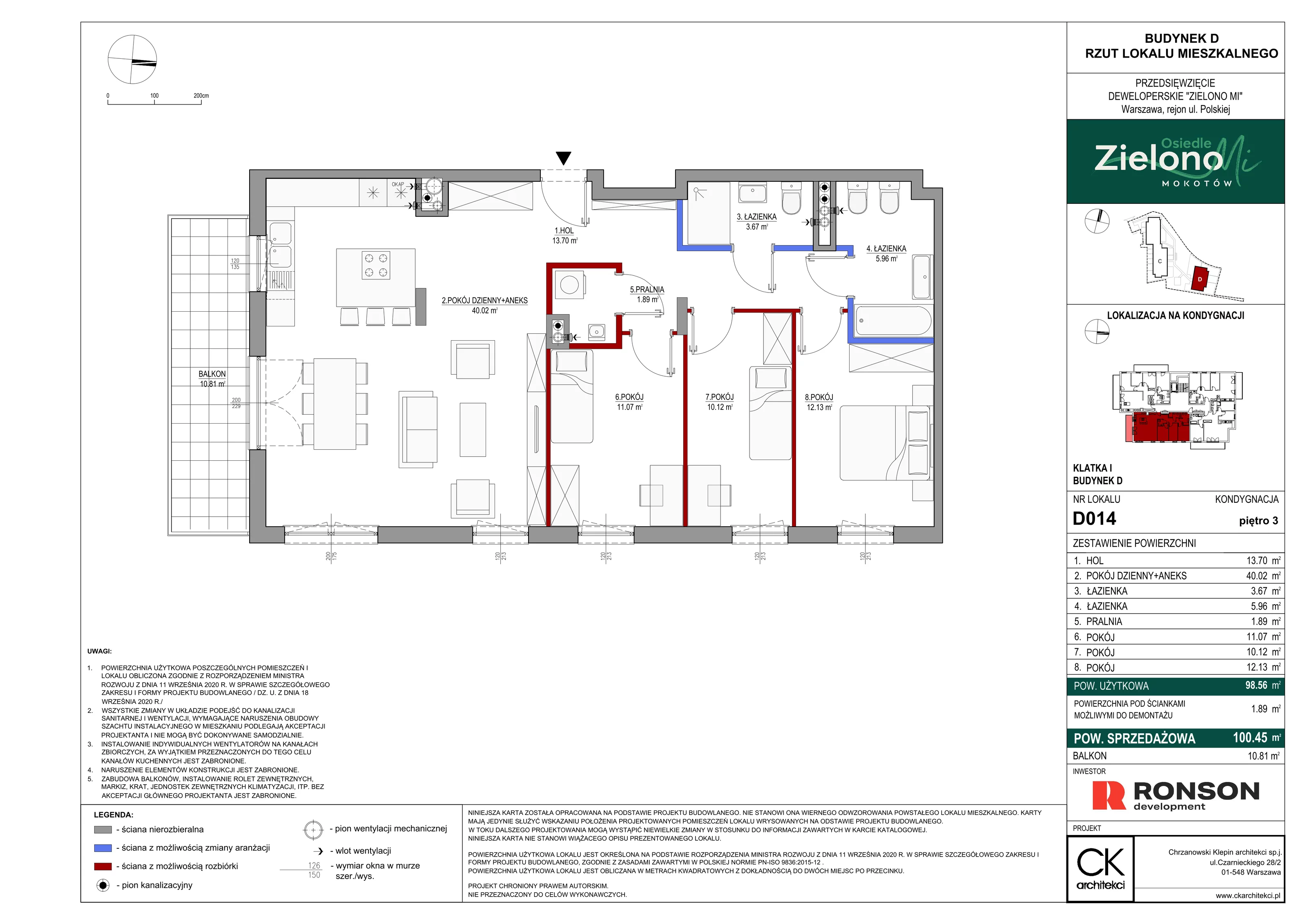 4 pokoje, mieszkanie 100,45 m², piętro 3, oferta nr D014, Zielono Mi II, Warszawa, Mokotów, Siekierki, ul. Polska 10