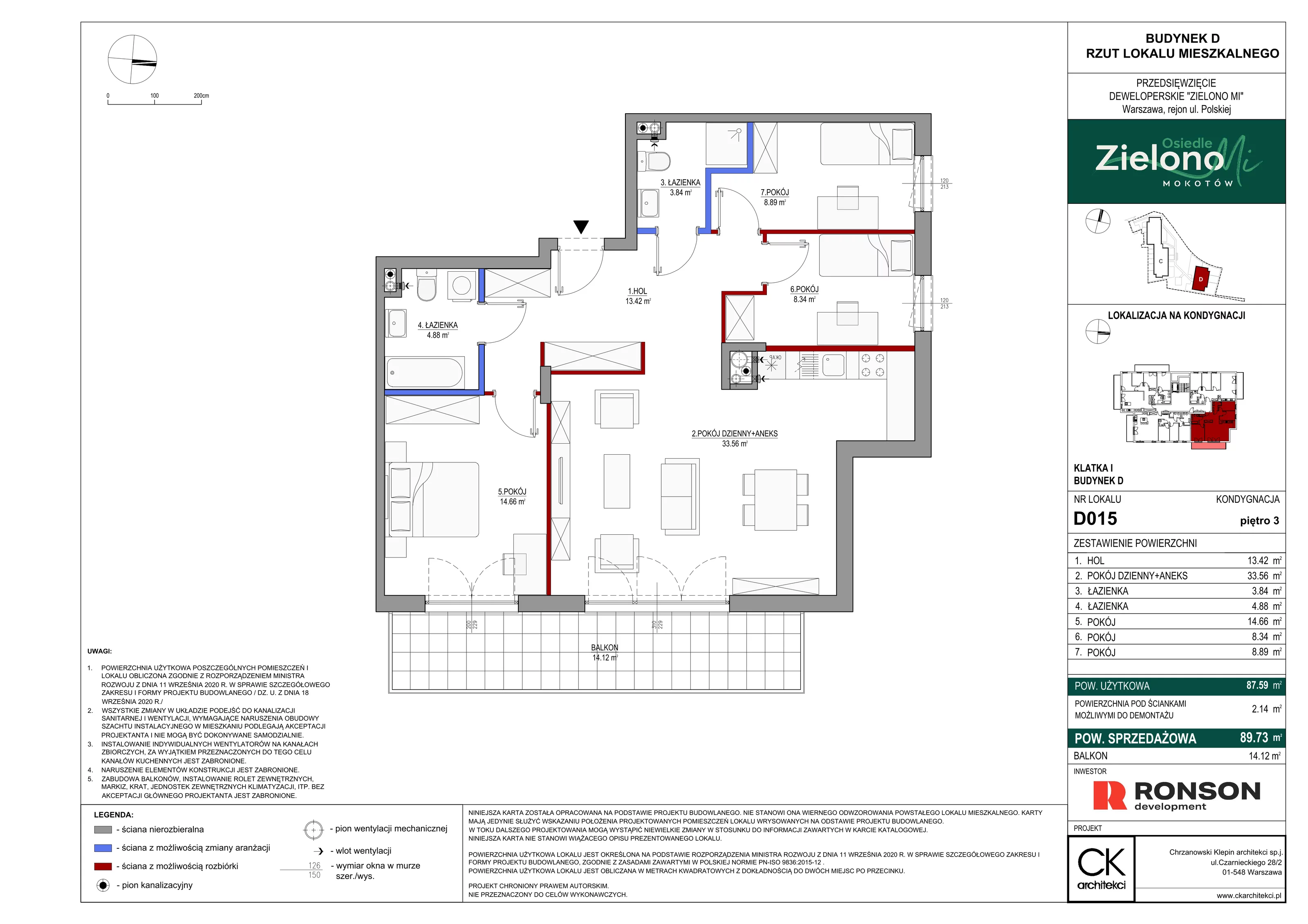 4 pokoje, mieszkanie 89,73 m², piętro 3, oferta nr D015, Zielono Mi II, Warszawa, Mokotów, Siekierki, ul. Polska 10