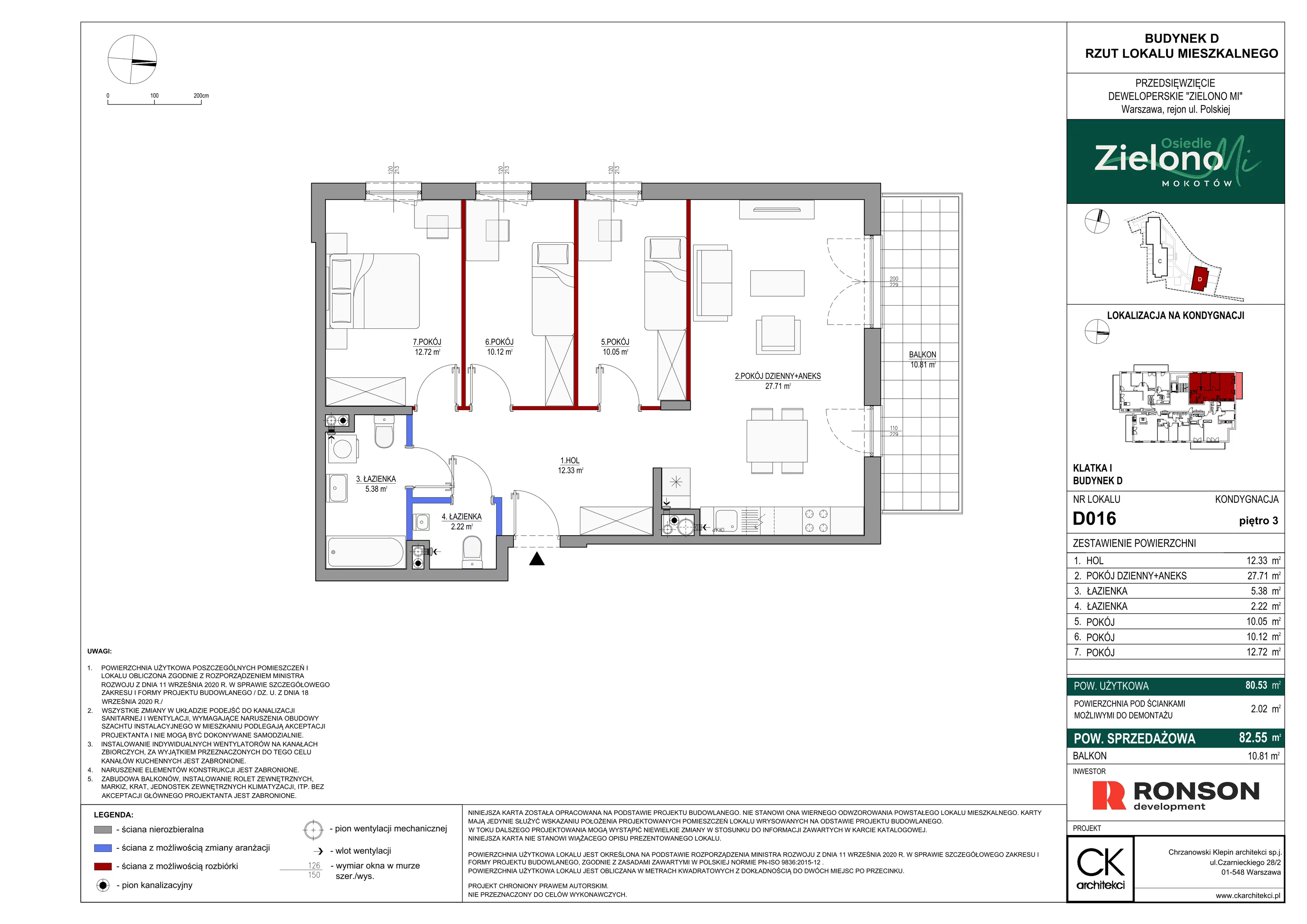 4 pokoje, mieszkanie 82,55 m², piętro 3, oferta nr D016, Zielono Mi II, Warszawa, Mokotów, Siekierki, ul. Polska 10