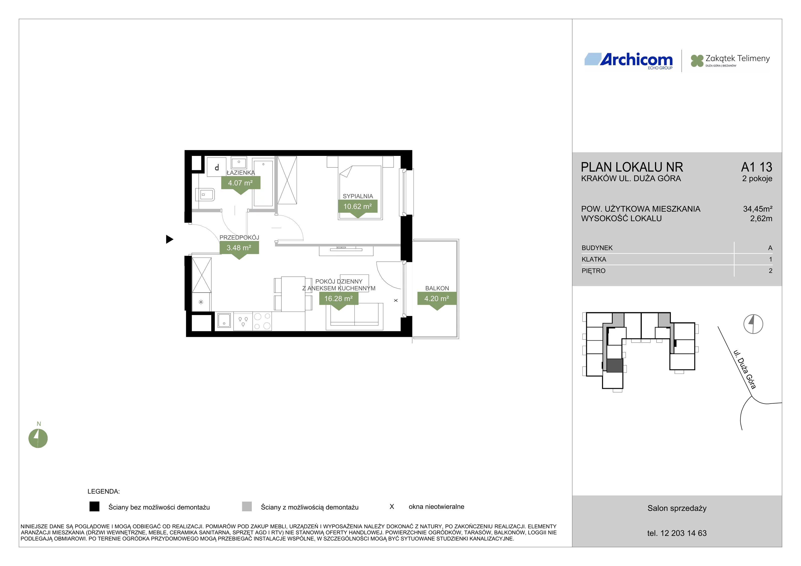2 pokoje, mieszkanie 34,45 m², piętro 2, oferta nr A1 13, Zakątek Telimeny, Kraków, Bieżanów-Prokocim, ul. Duża Góra 34
