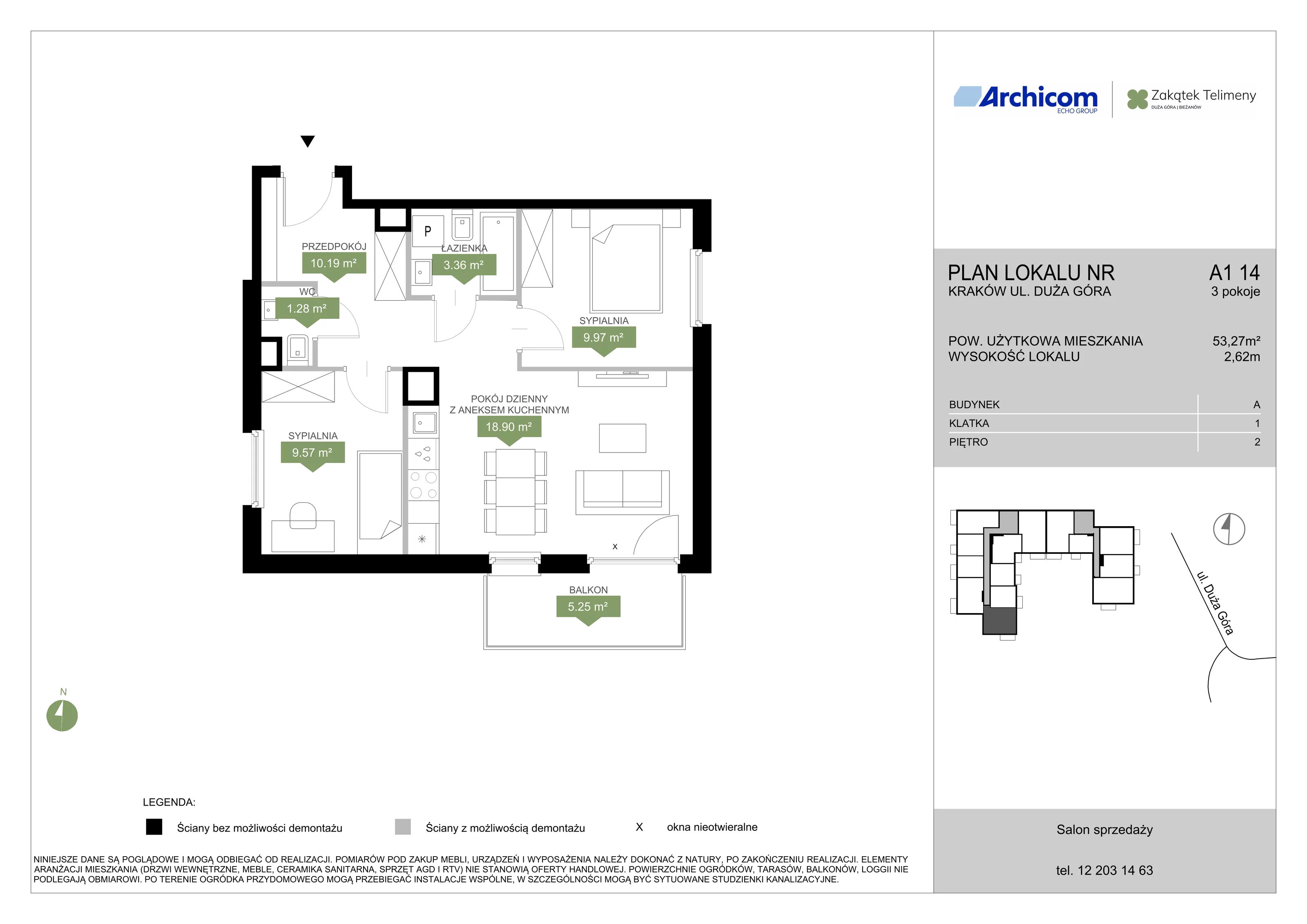3 pokoje, mieszkanie 53,27 m², piętro 2, oferta nr A1 14, Zakątek Telimeny, Kraków, Bieżanów-Prokocim, ul. Duża Góra 34