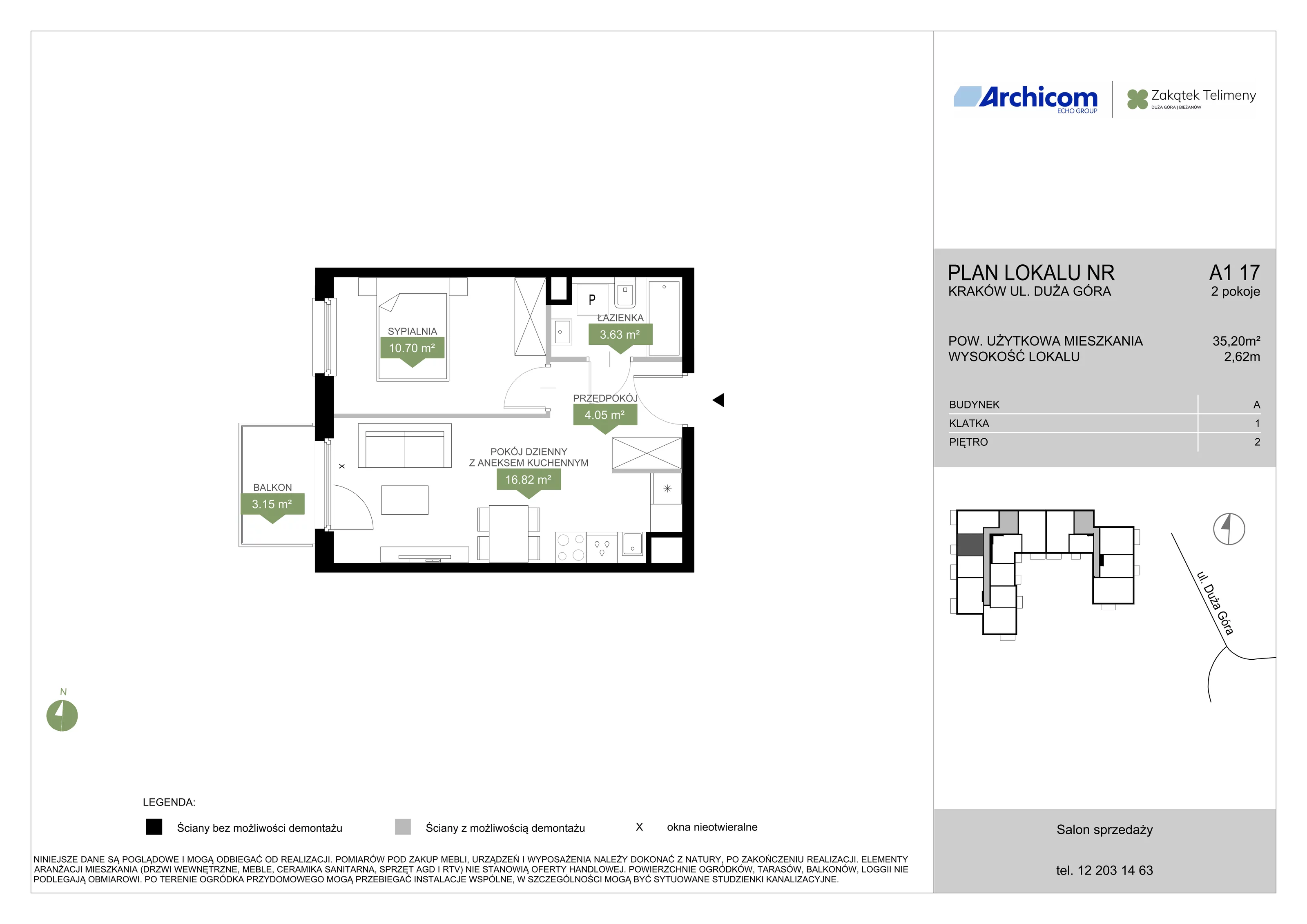 2 pokoje, mieszkanie 35,20 m², piętro 2, oferta nr A1 17, Zakątek Telimeny, Kraków, Bieżanów-Prokocim, ul. Duża Góra 34