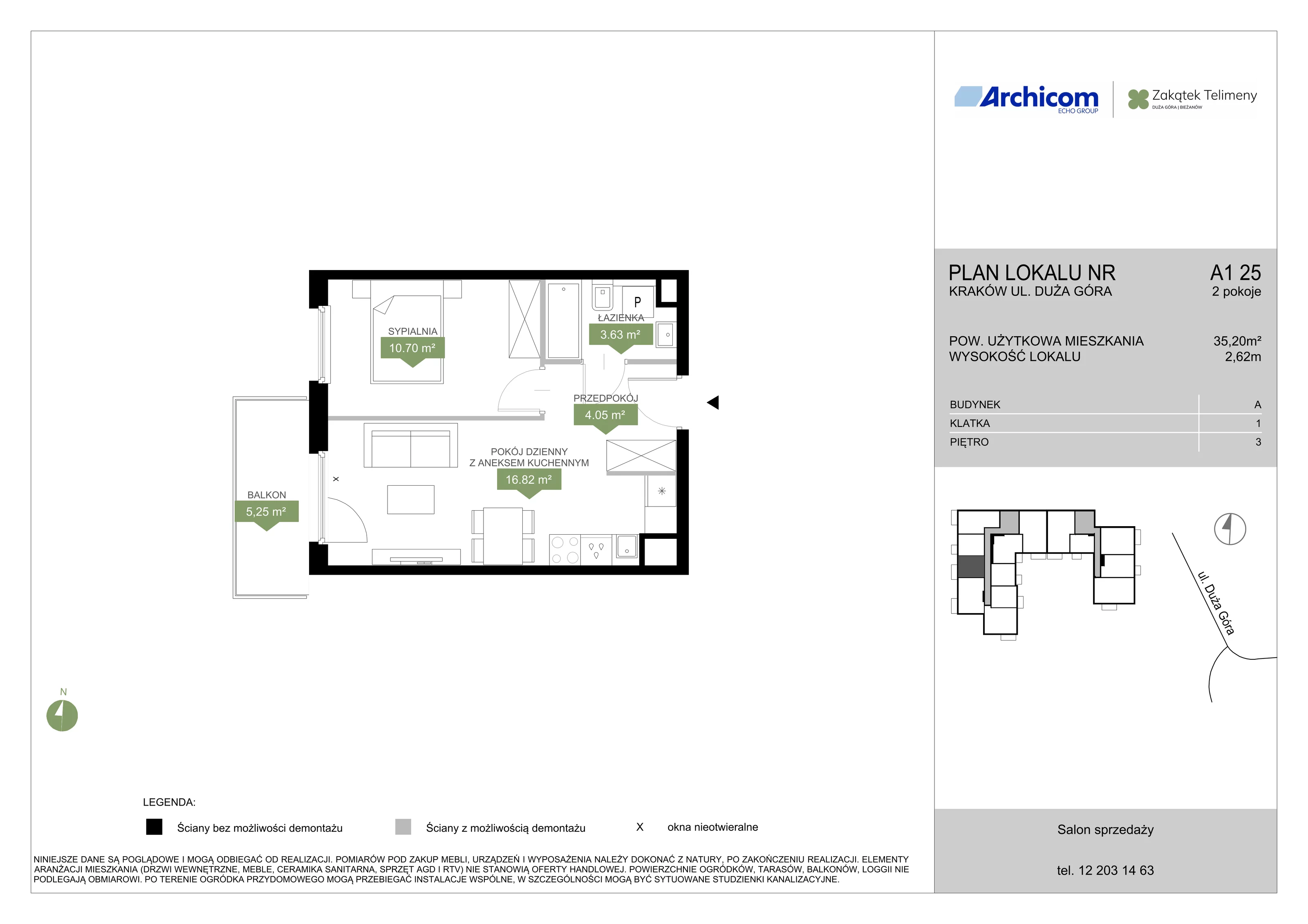 2 pokoje, mieszkanie 35,20 m², piętro 3, oferta nr A1 25, Zakątek Telimeny, Kraków, Bieżanów-Prokocim, ul. Duża Góra 34