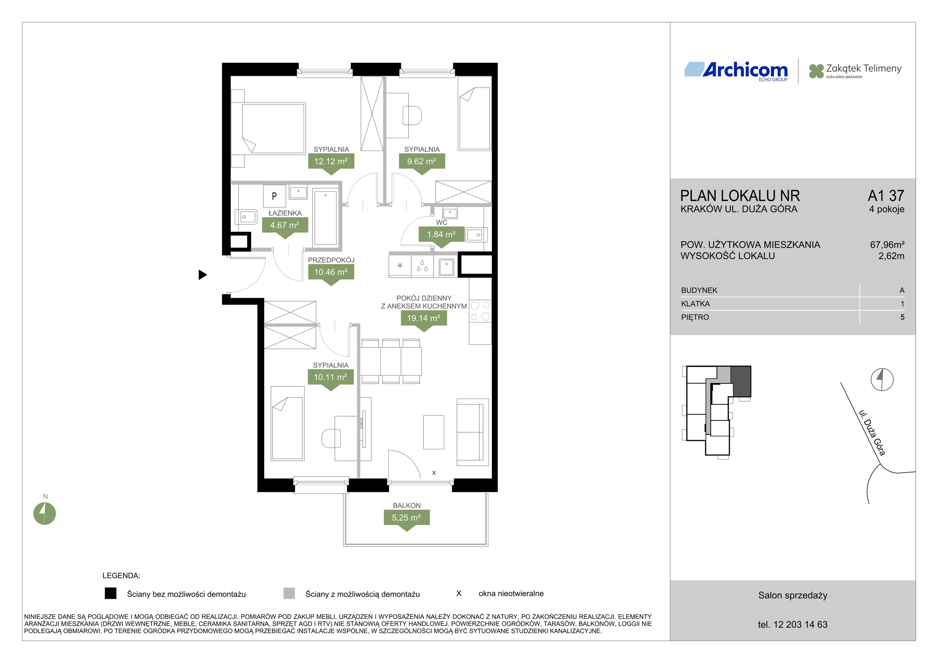 4 pokoje, mieszkanie 67,96 m², piętro 5, oferta nr A1 37, Zakątek Telimeny, Kraków, Bieżanów-Prokocim, ul. Duża Góra 34
