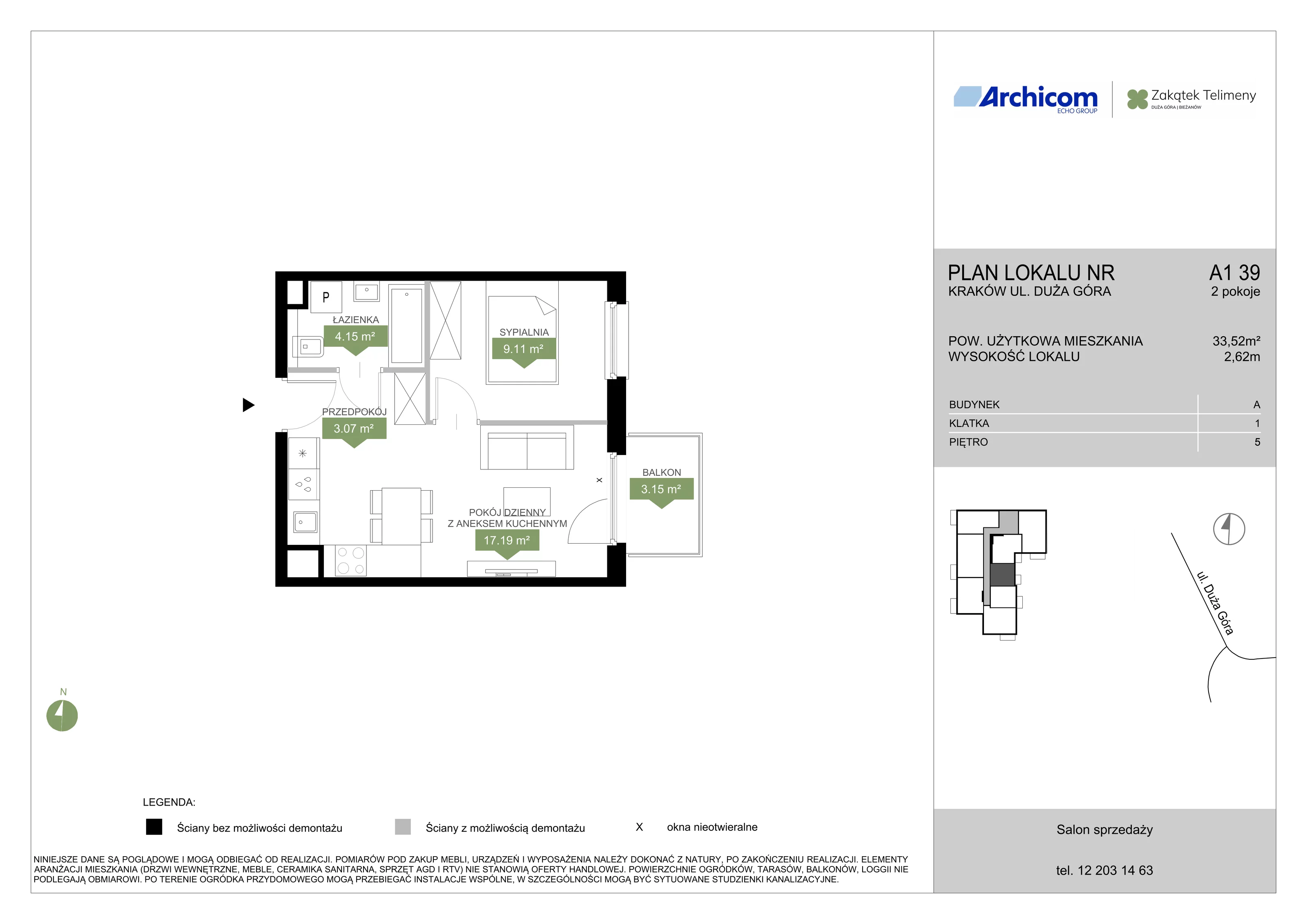 2 pokoje, mieszkanie 33,52 m², piętro 5, oferta nr A1 39, Zakątek Telimeny, Kraków, Bieżanów-Prokocim, ul. Duża Góra 34