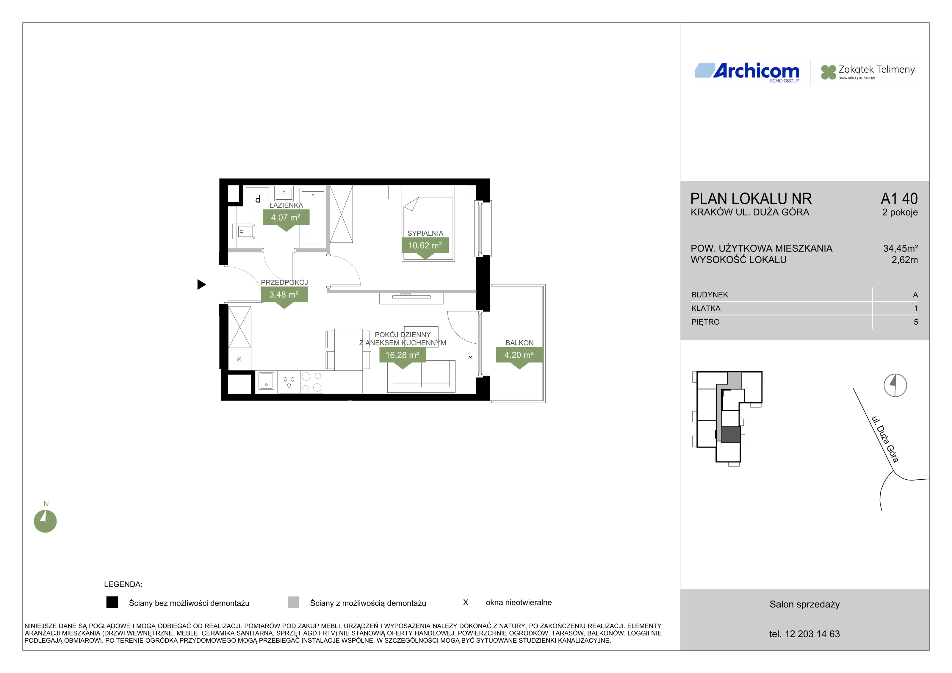 2 pokoje, mieszkanie 34,45 m², piętro 5, oferta nr A1 40, Zakątek Telimeny, Kraków, Bieżanów-Prokocim, ul. Duża Góra 34