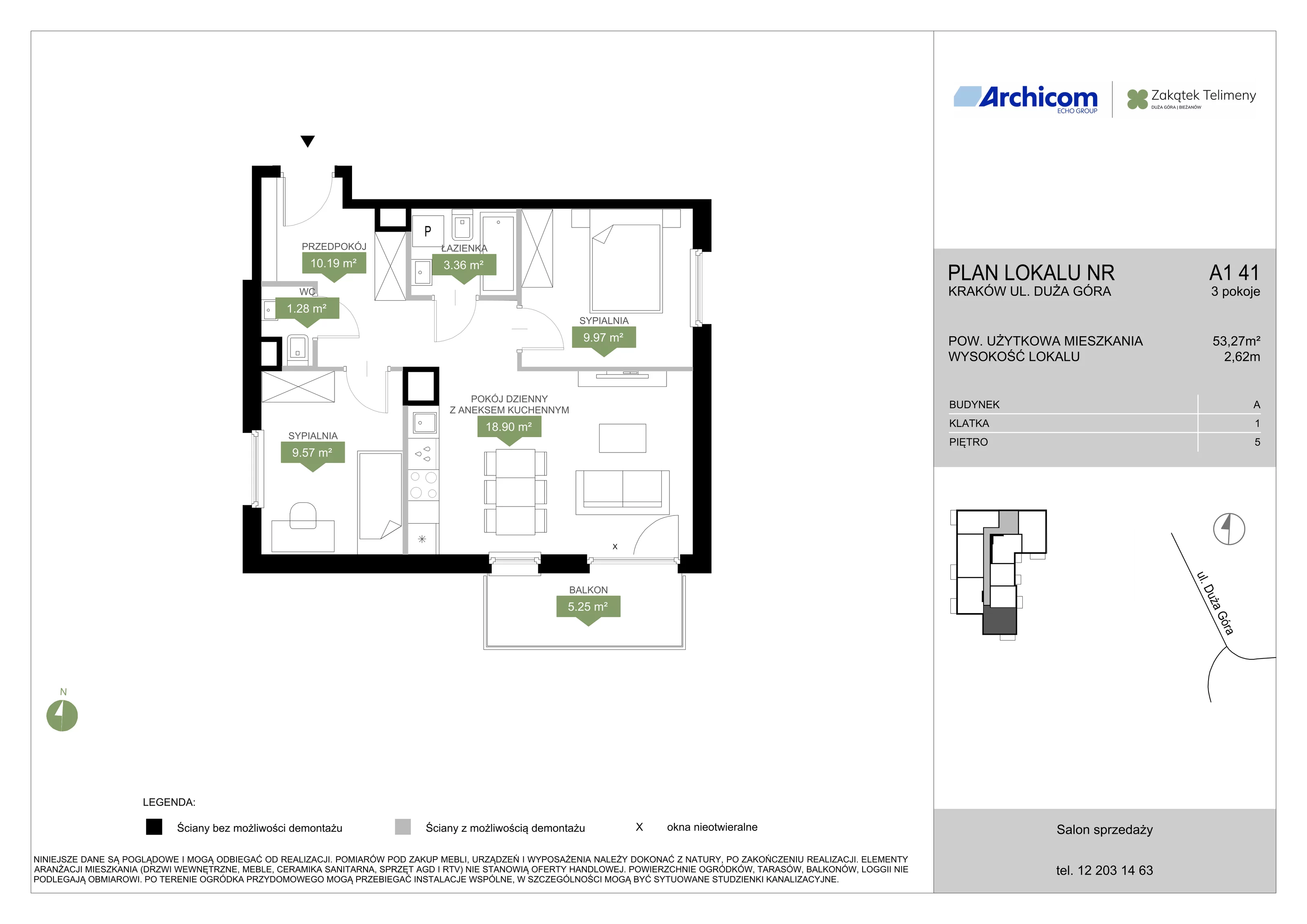 3 pokoje, mieszkanie 53,27 m², piętro 5, oferta nr A1 41, Zakątek Telimeny, Kraków, Bieżanów-Prokocim, ul. Duża Góra 34