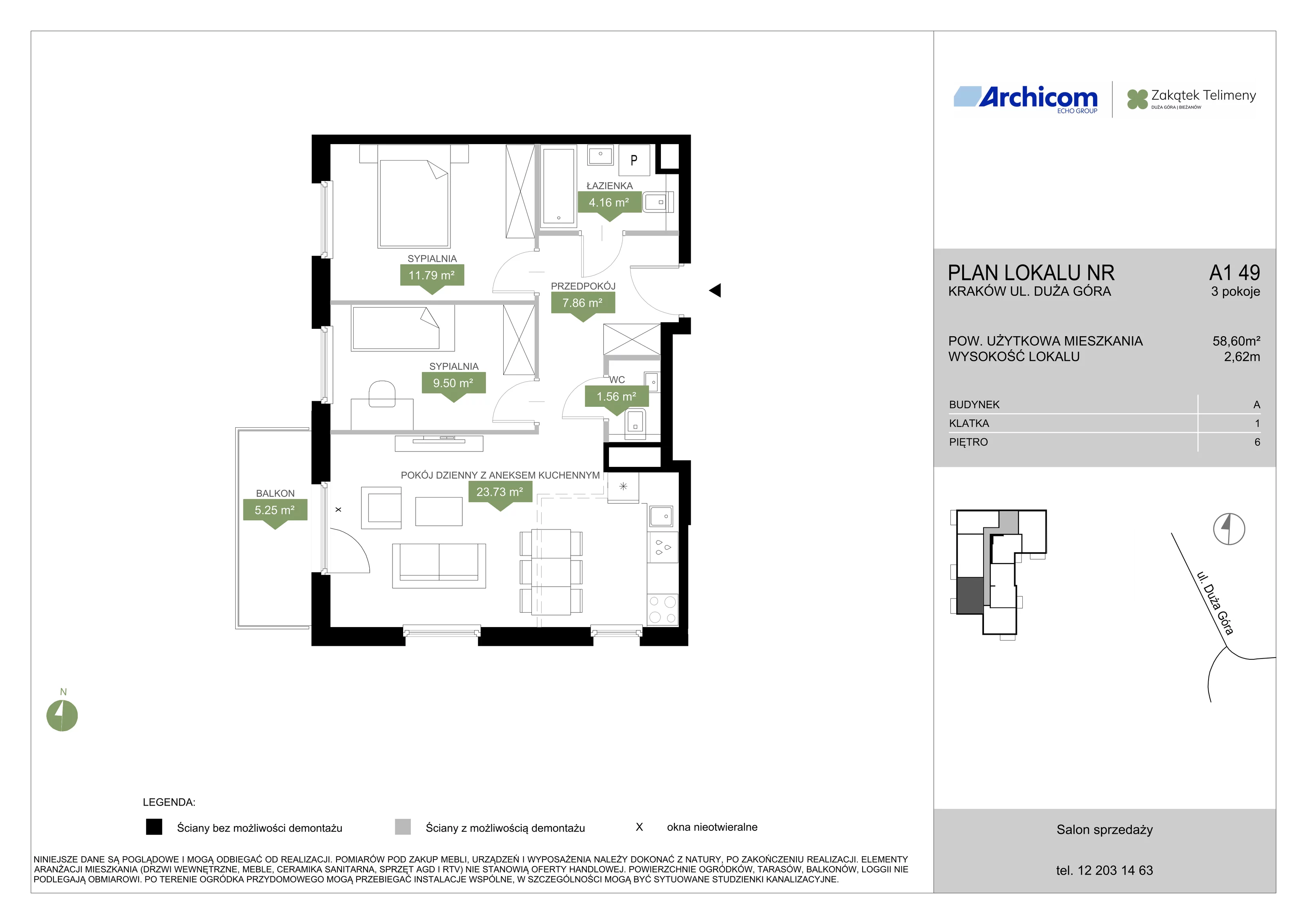 3 pokoje, mieszkanie 58,60 m², piętro 6, oferta nr A1 49, Zakątek Telimeny, Kraków, Bieżanów-Prokocim, ul. Duża Góra 34
