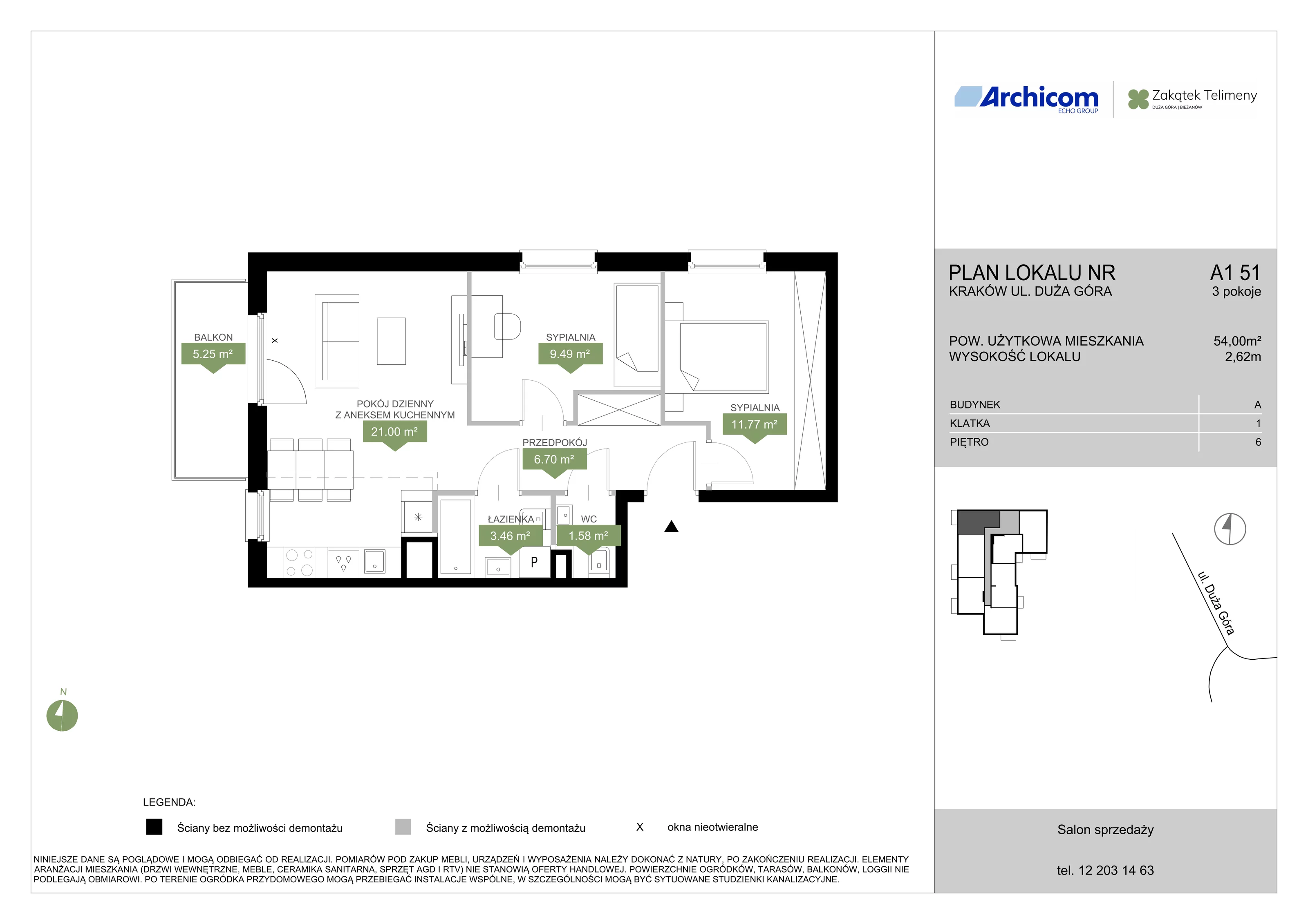 3 pokoje, mieszkanie 54,00 m², piętro 6, oferta nr A1 51, Zakątek Telimeny, Kraków, Bieżanów-Prokocim, ul. Duża Góra 34