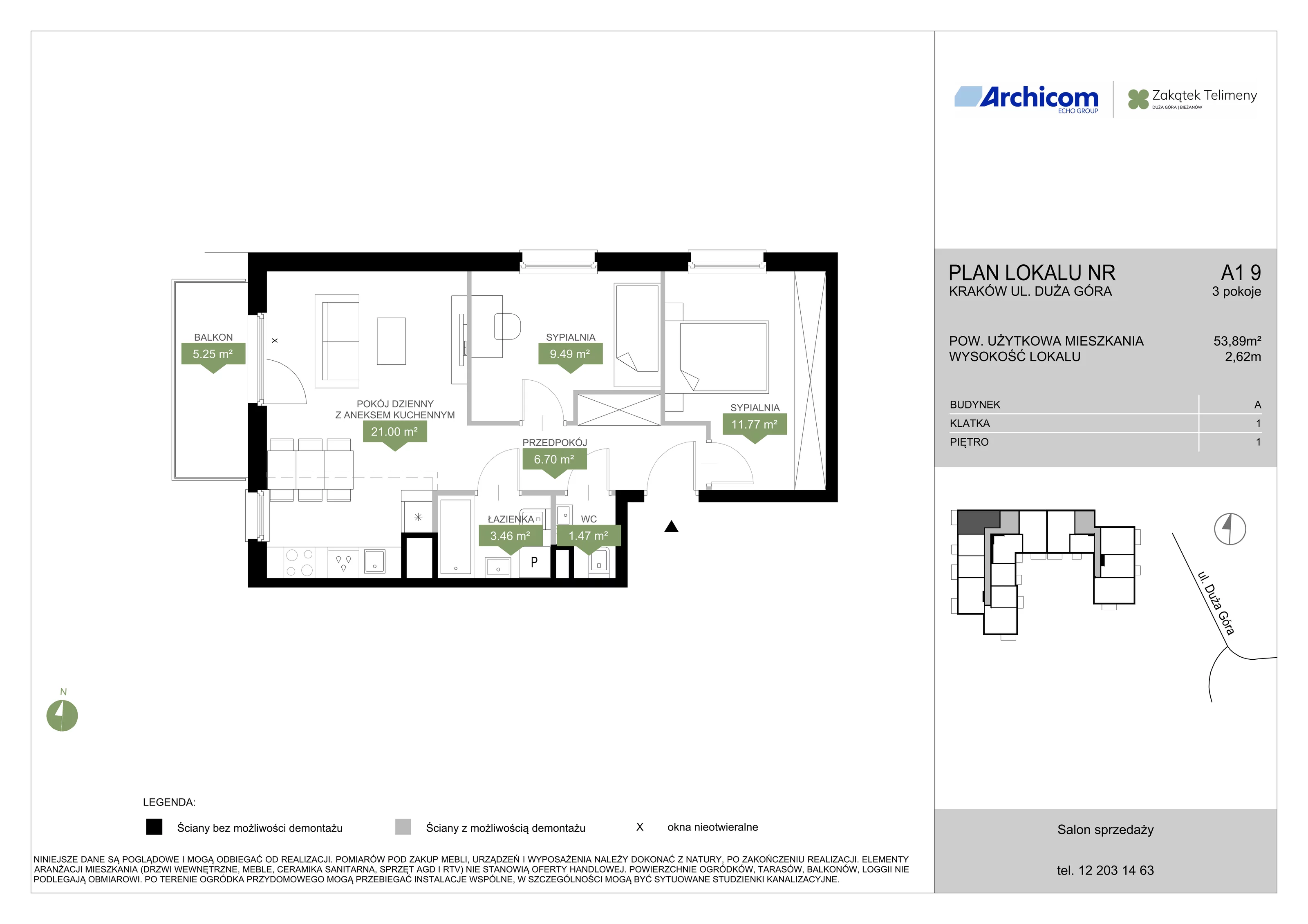 3 pokoje, mieszkanie 53,89 m², piętro 1, oferta nr A1 9, Zakątek Telimeny, Kraków, Bieżanów-Prokocim, ul. Duża Góra 34