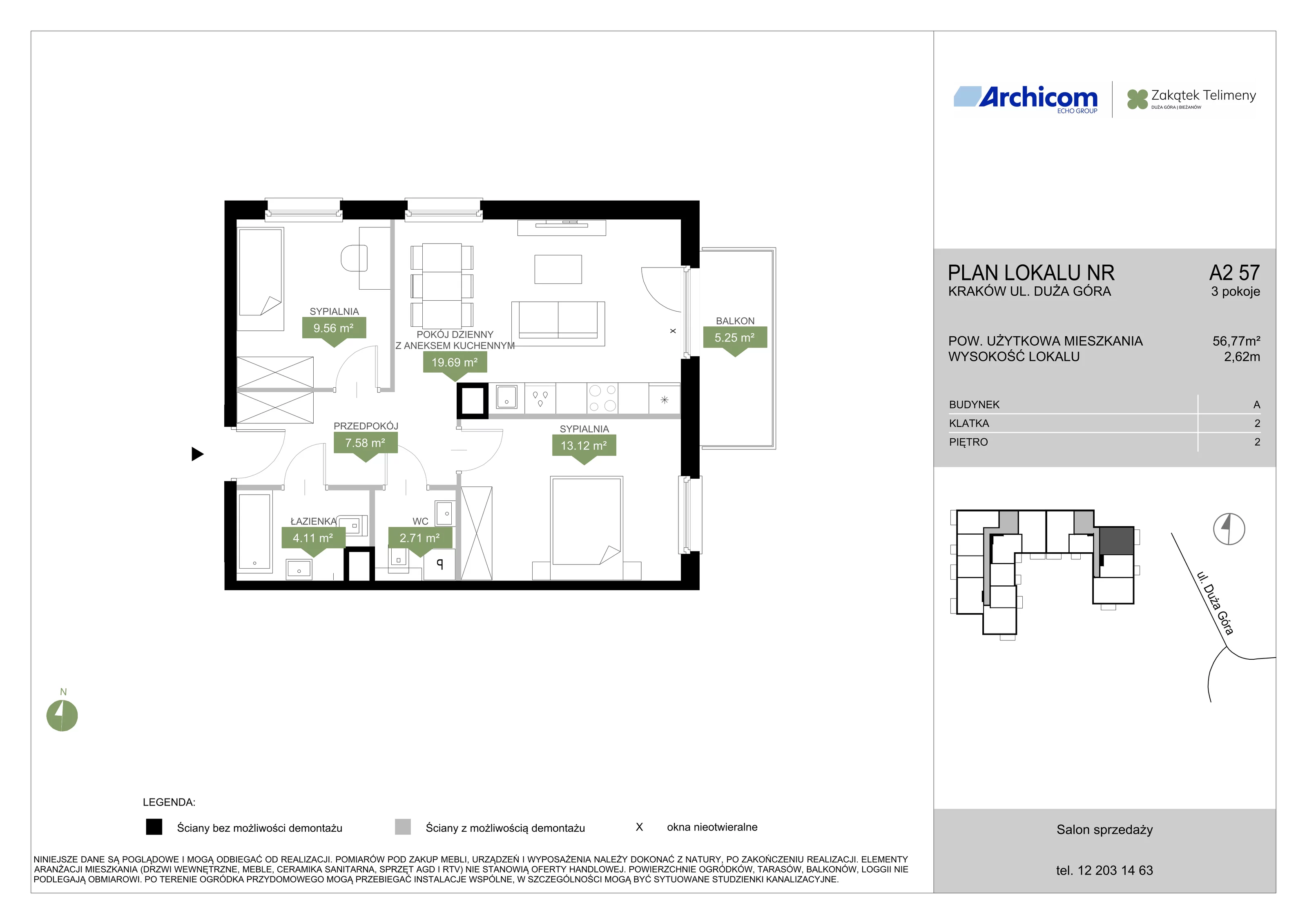 3 pokoje, mieszkanie 56,77 m², piętro 2, oferta nr A2 57, Zakątek Telimeny, Kraków, Bieżanów-Prokocim, ul. Duża Góra 34
