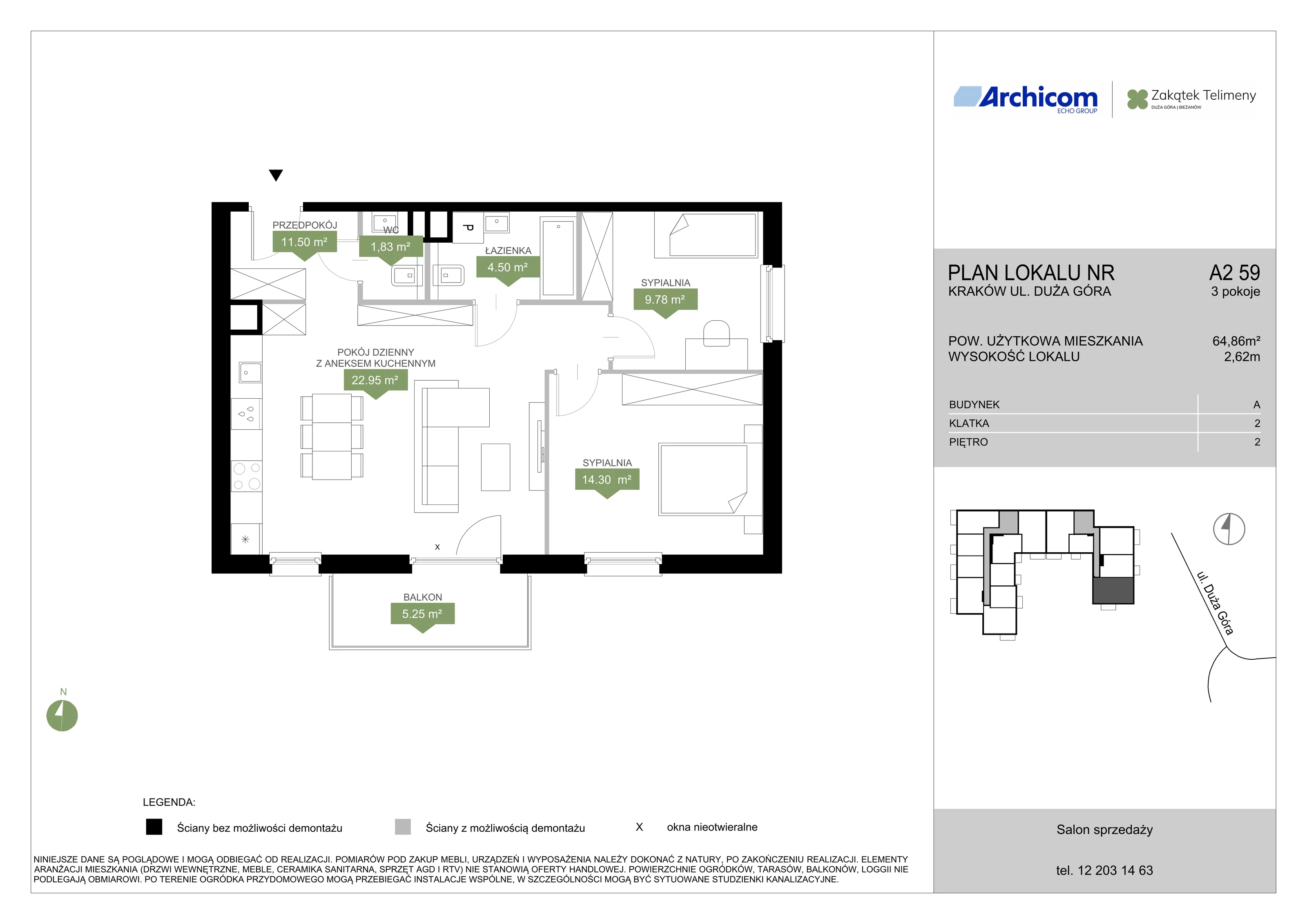 3 pokoje, mieszkanie 64,86 m², piętro 2, oferta nr A2 59, Zakątek Telimeny, Kraków, Bieżanów-Prokocim, ul. Duża Góra 34
