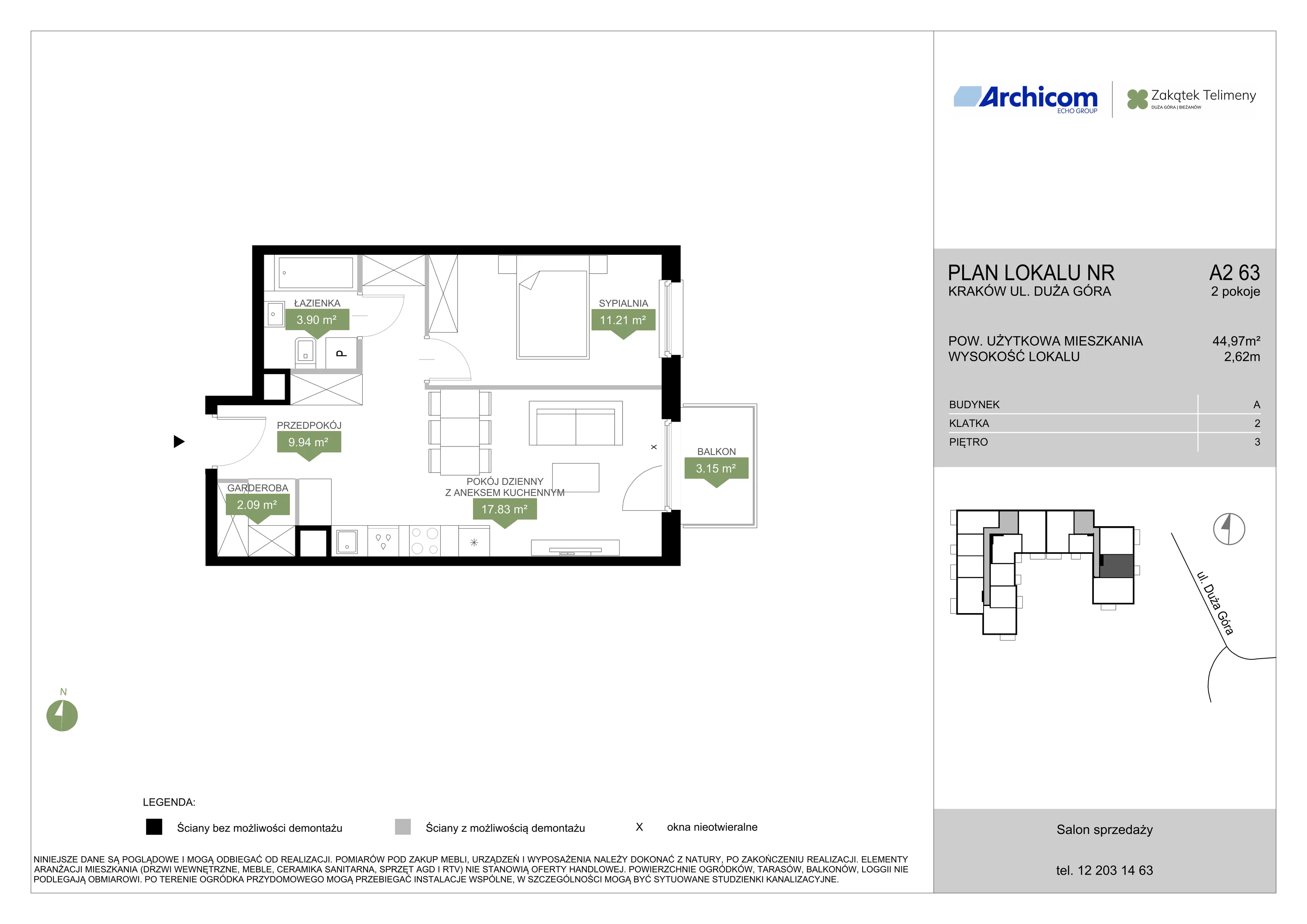 2 pokoje, mieszkanie 44,97 m², piętro 3, oferta nr A2 63, Zakątek Telimeny, Kraków, Bieżanów-Prokocim, ul. Duża Góra 34