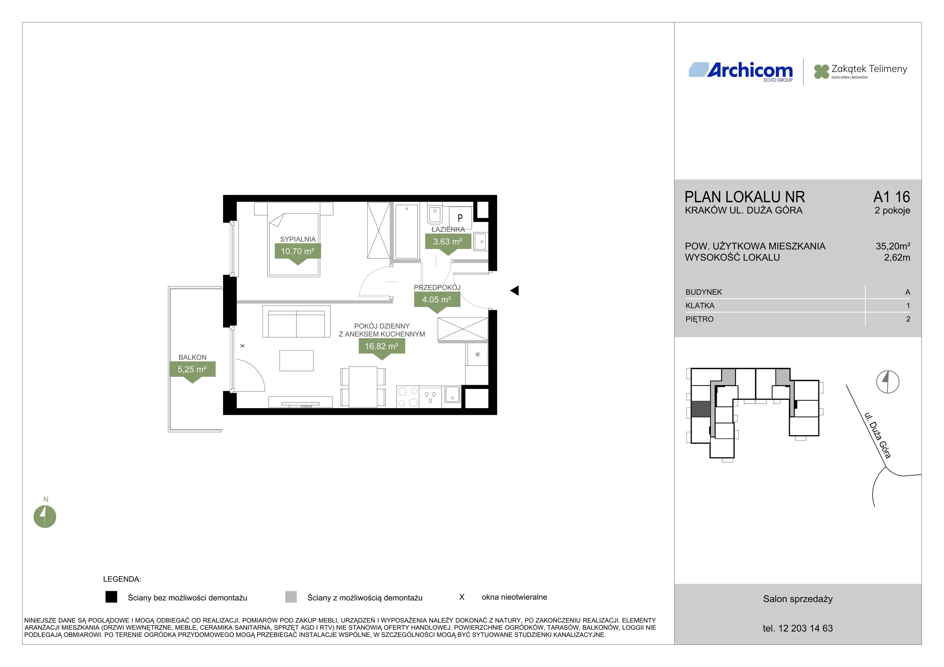 2 pokoje, mieszkanie 35,20 m², piętro 2, oferta nr A1 16, Zakątek Telimeny, Kraków, Bieżanów-Prokocim, ul. Duża Góra 34