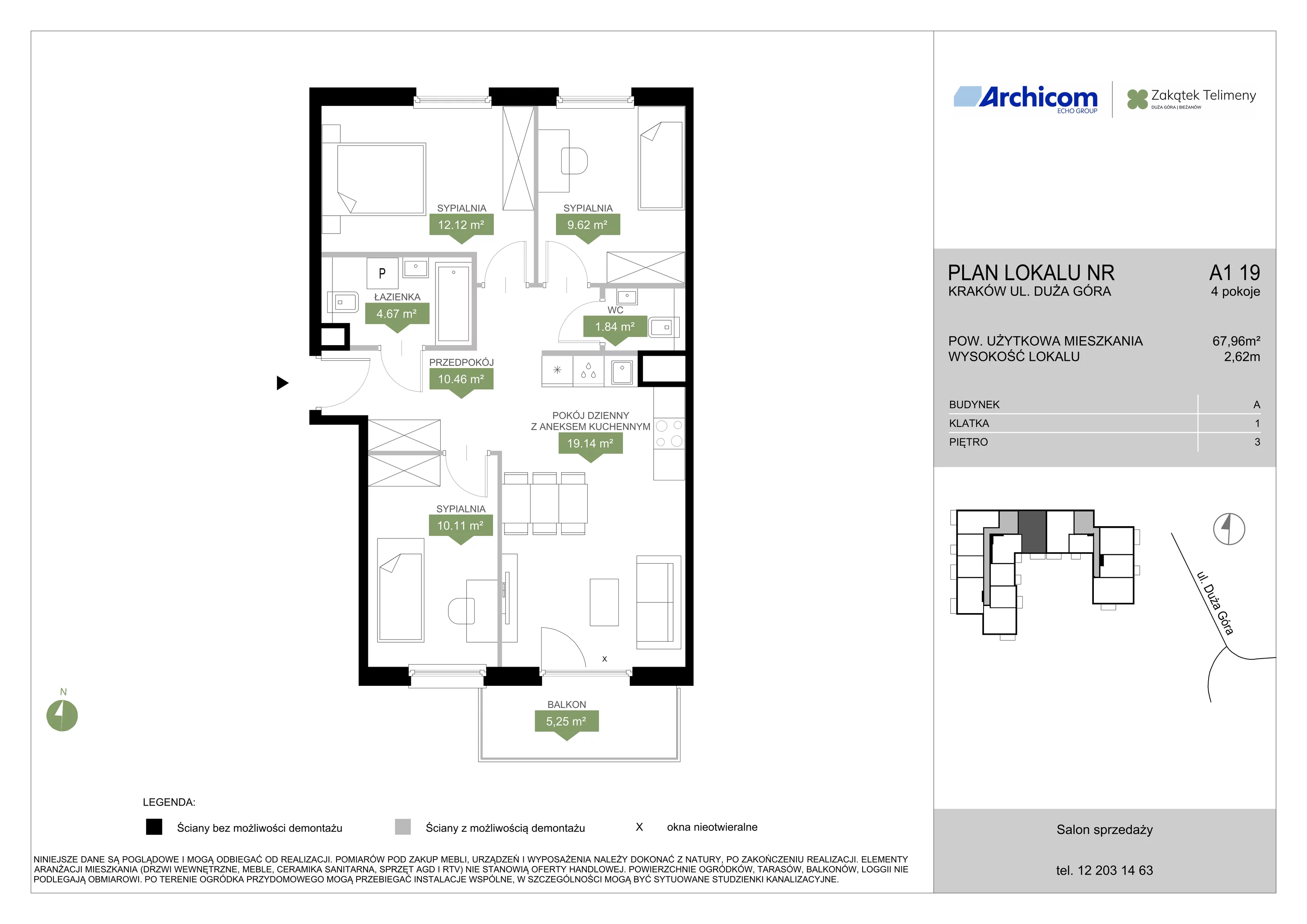 4 pokoje, mieszkanie 67,96 m², piętro 3, oferta nr A1 19, Zakątek Telimeny, Kraków, Bieżanów-Prokocim, ul. Duża Góra 34
