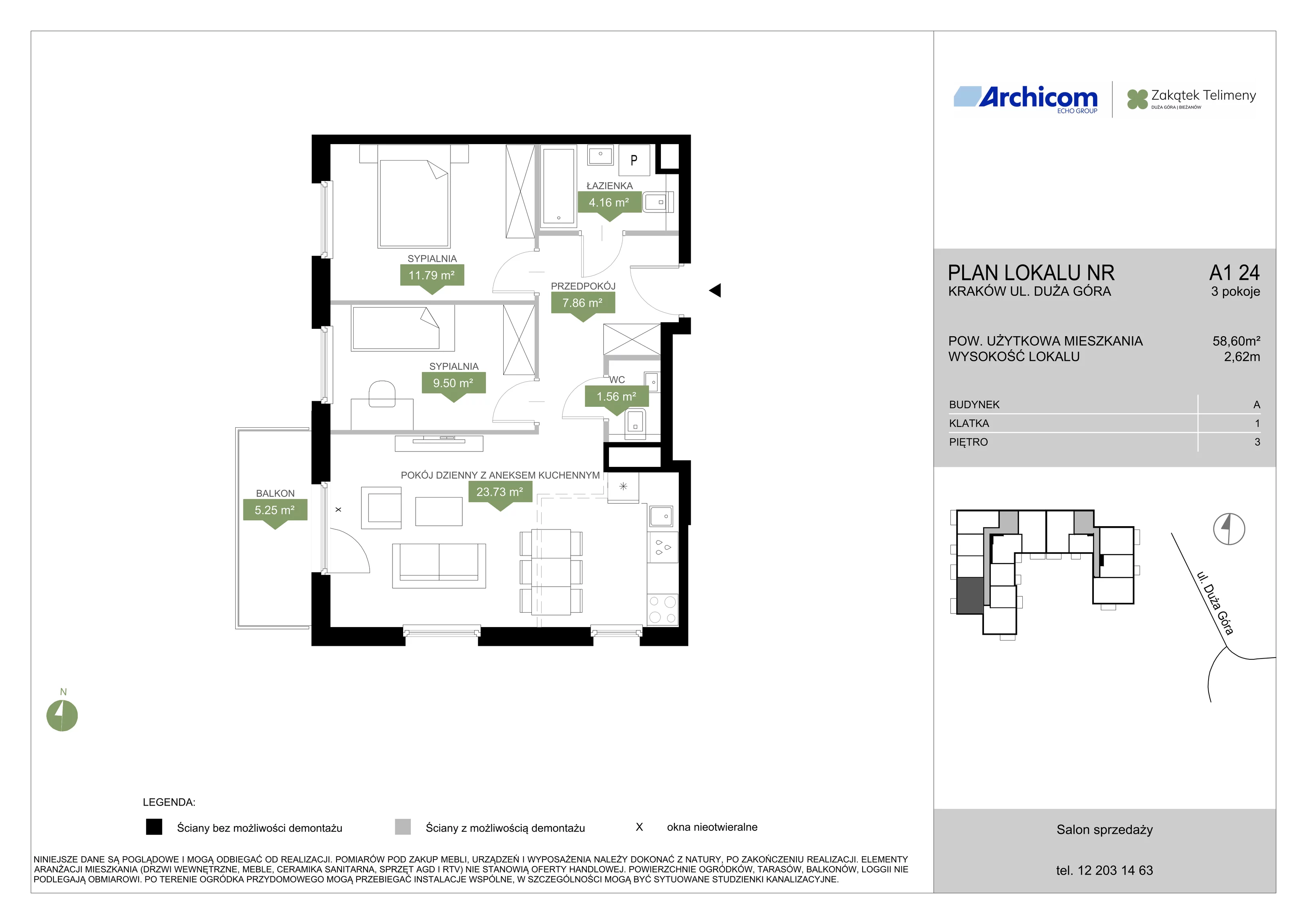 3 pokoje, mieszkanie 58,60 m², piętro 3, oferta nr A1 24, Zakątek Telimeny, Kraków, Bieżanów-Prokocim, ul. Duża Góra 34