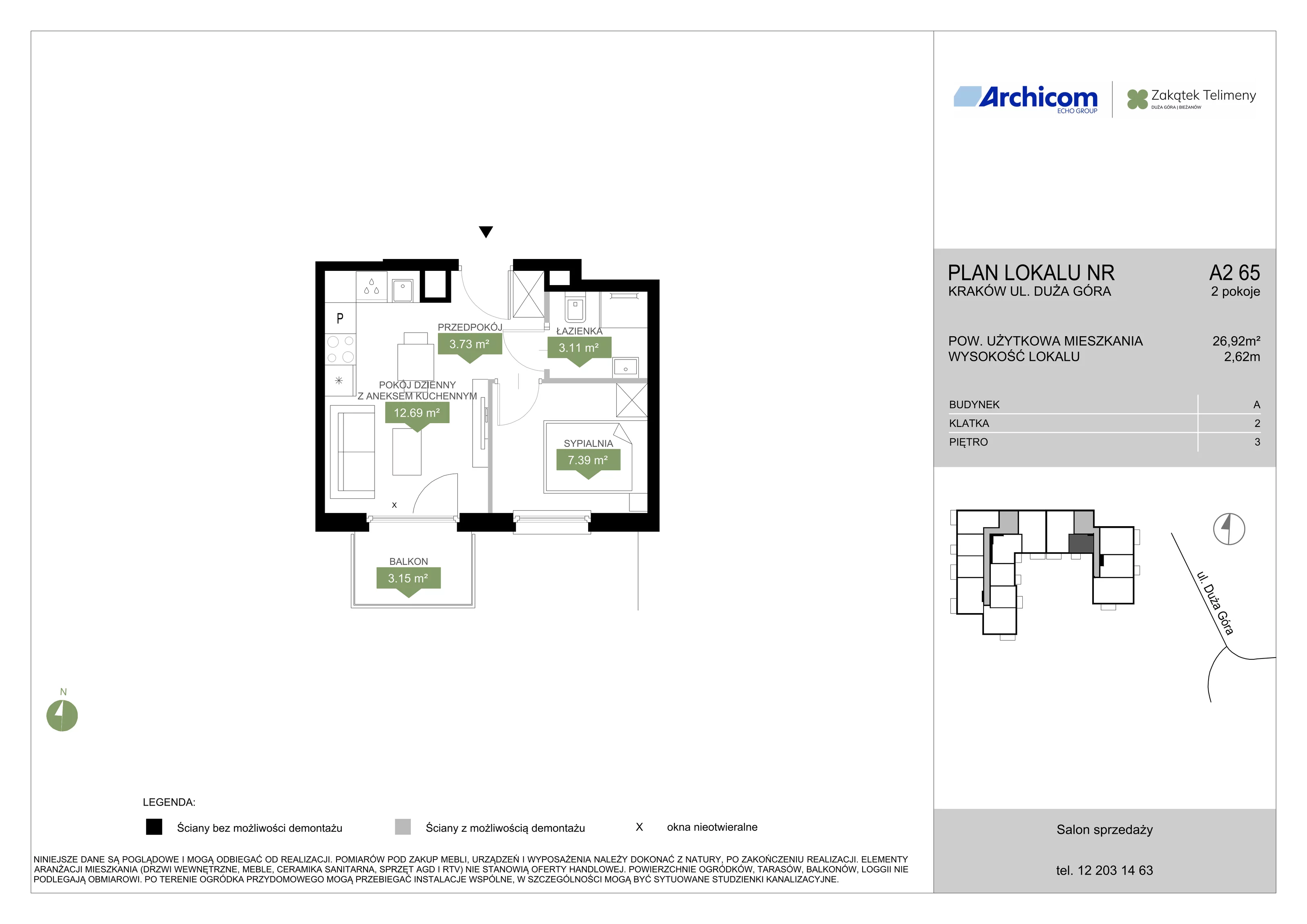 2 pokoje, mieszkanie 26,92 m², piętro 3, oferta nr A2 65, Zakątek Telimeny, Kraków, Bieżanów-Prokocim, ul. Duża Góra 34