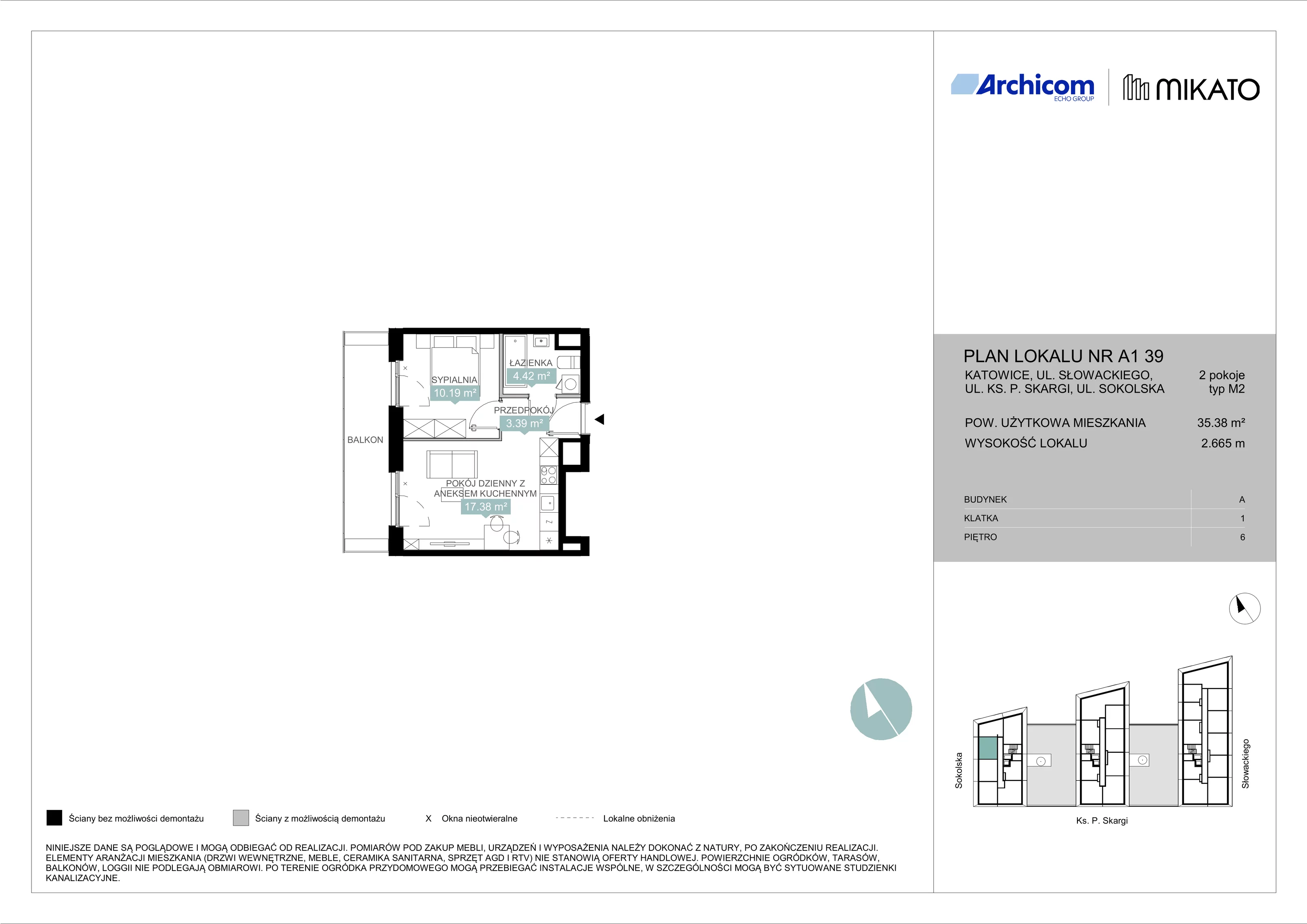 2 pokoje, mieszkanie 35,38 m², piętro 6, oferta nr A1 39, Mikato, Katowice, Śródmieście, Bogucice, ul. Piotra Skargi 1