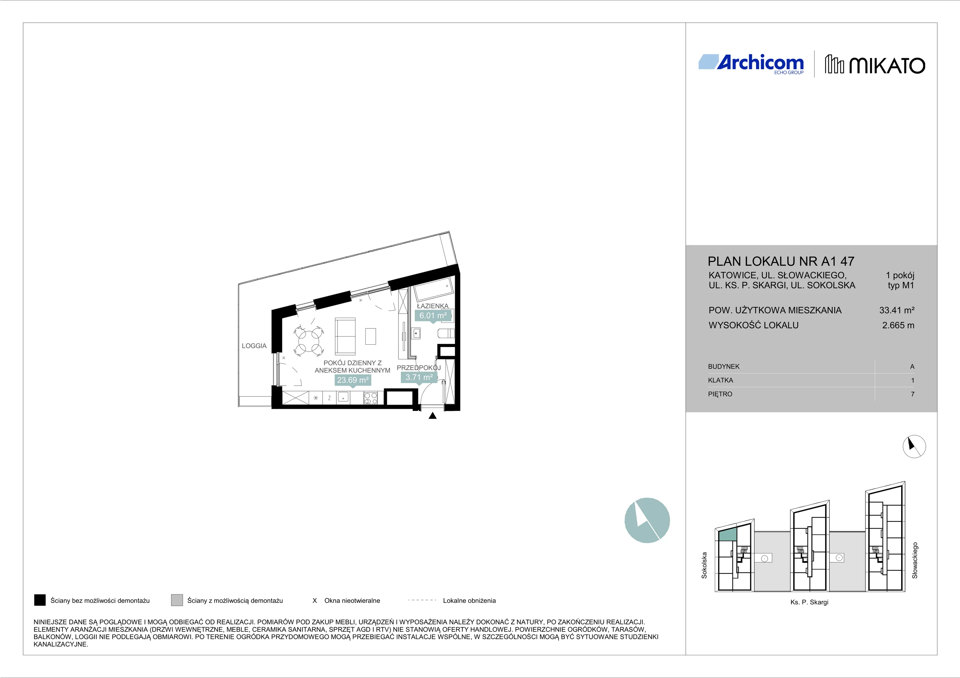 1 pokój, mieszkanie 33,41 m², piętro 7, oferta nr A1 47, Mikato, Katowice, Śródmieście, Bogucice, ul. Piotra Skargi 1