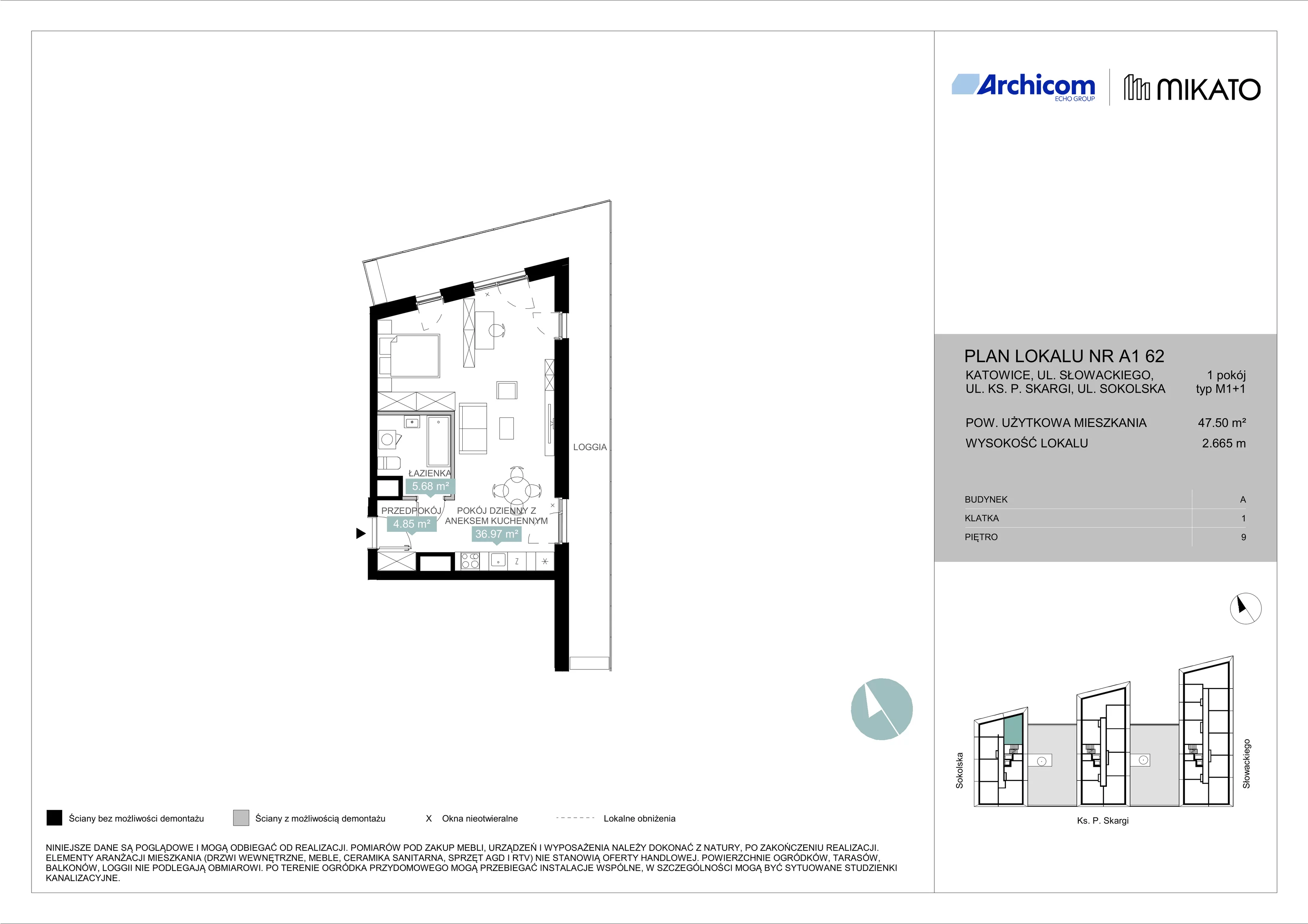 1 pokój, mieszkanie 47,50 m², piętro 9, oferta nr A1 62, Mikato, Katowice, Śródmieście, Bogucice, ul. Piotra Skargi 1