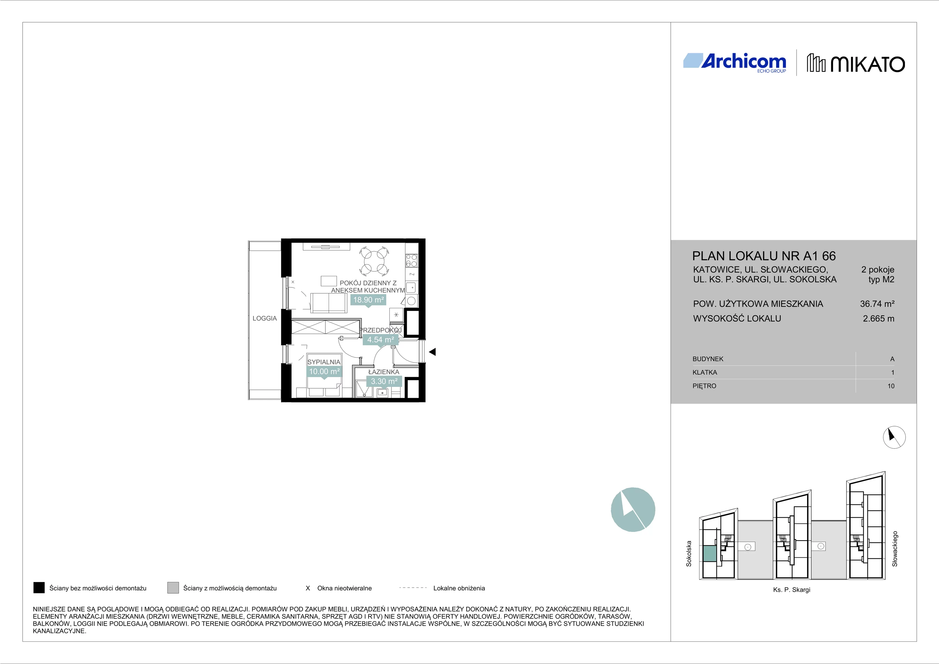 2 pokoje, mieszkanie 36,74 m², piętro 10, oferta nr A1 66, Mikato, Katowice, Śródmieście, Bogucice, ul. Piotra Skargi 1