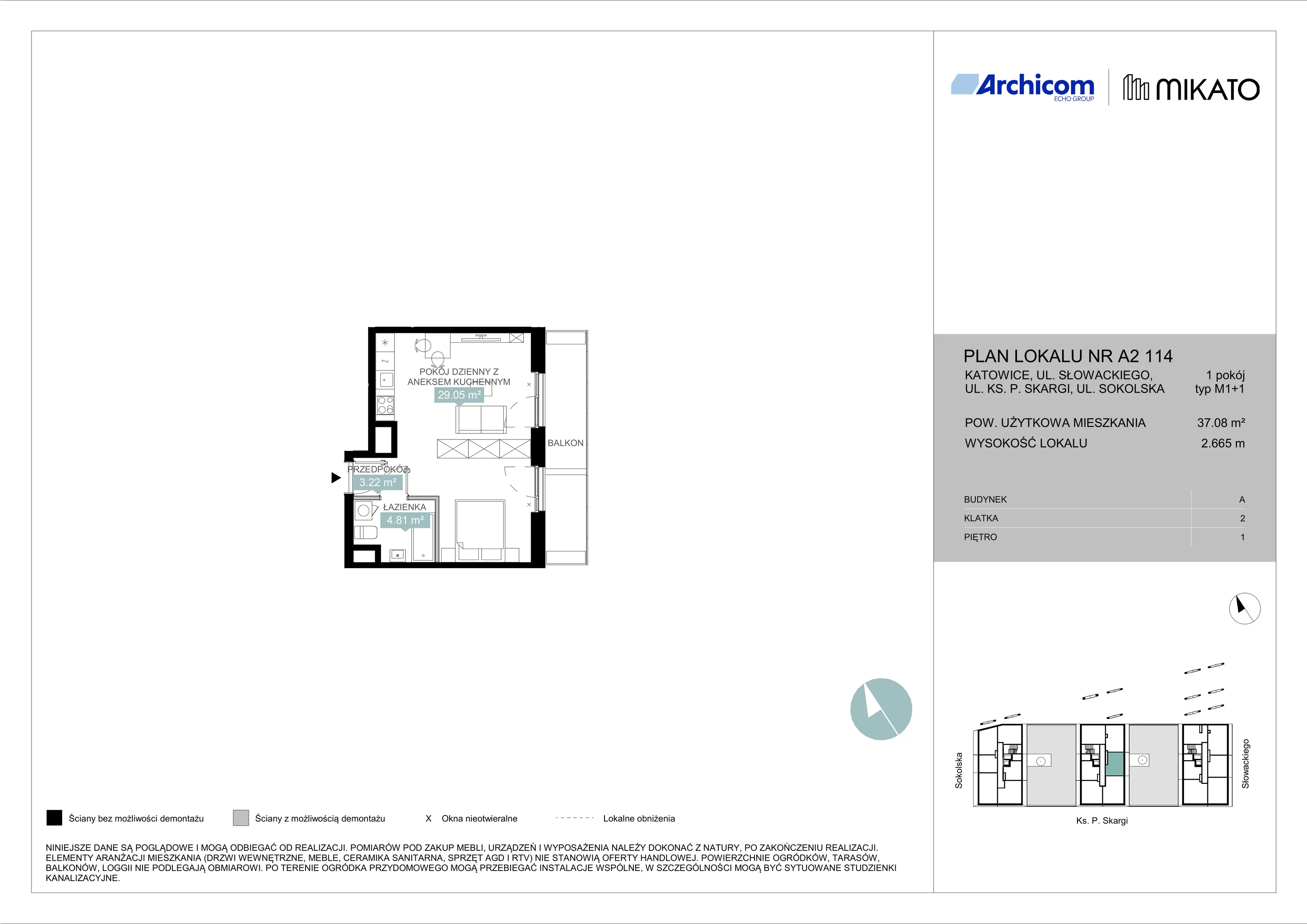 1 pokój, mieszkanie 37,08 m², piętro 1, oferta nr A2 114, Mikato, Katowice, Śródmieście, Bogucice, ul. Piotra Skargi 1