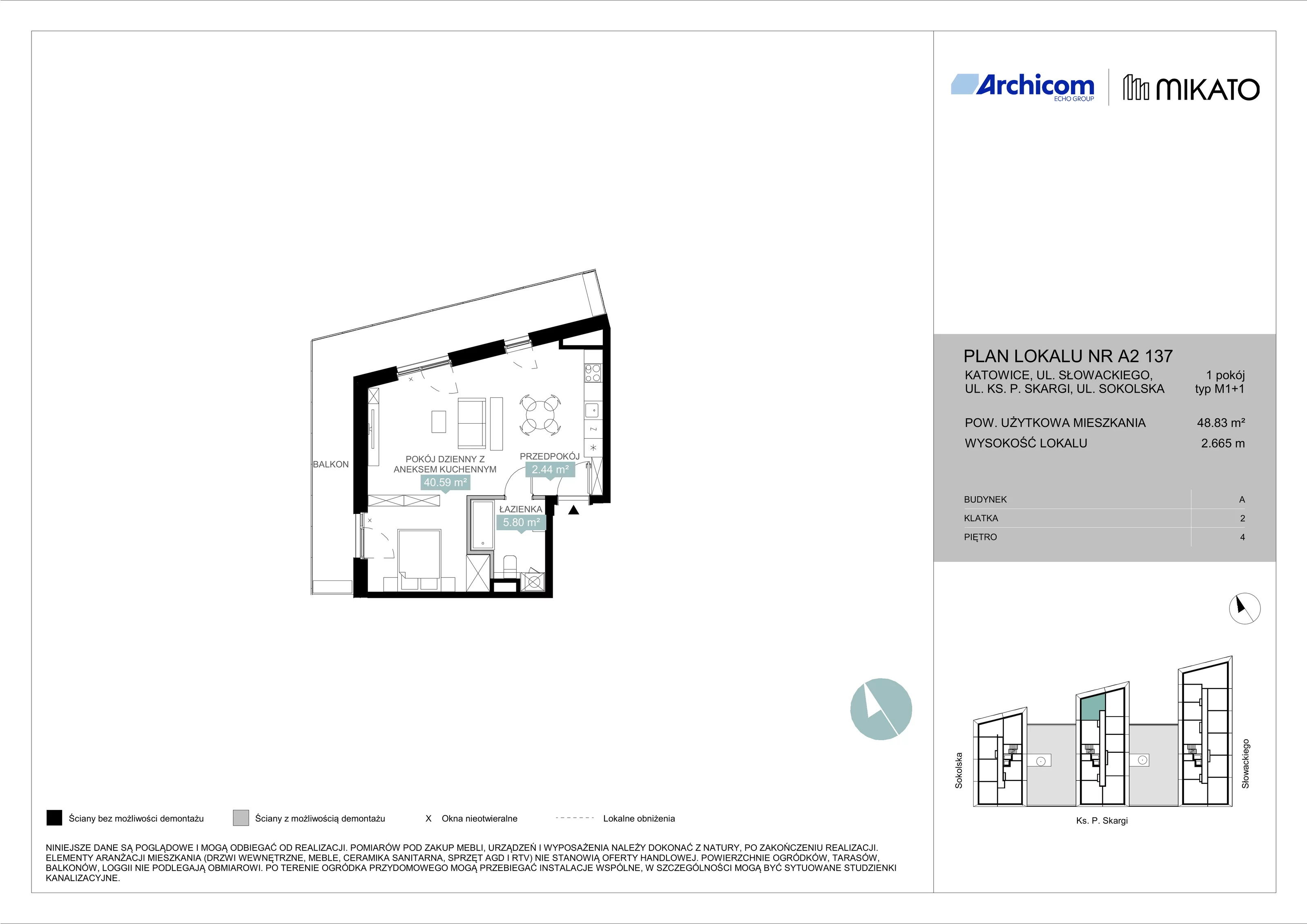 1 pokój, mieszkanie 48,83 m², piętro 4, oferta nr A2 137, Mikato, Katowice, Śródmieście, Bogucice, ul. Piotra Skargi 1