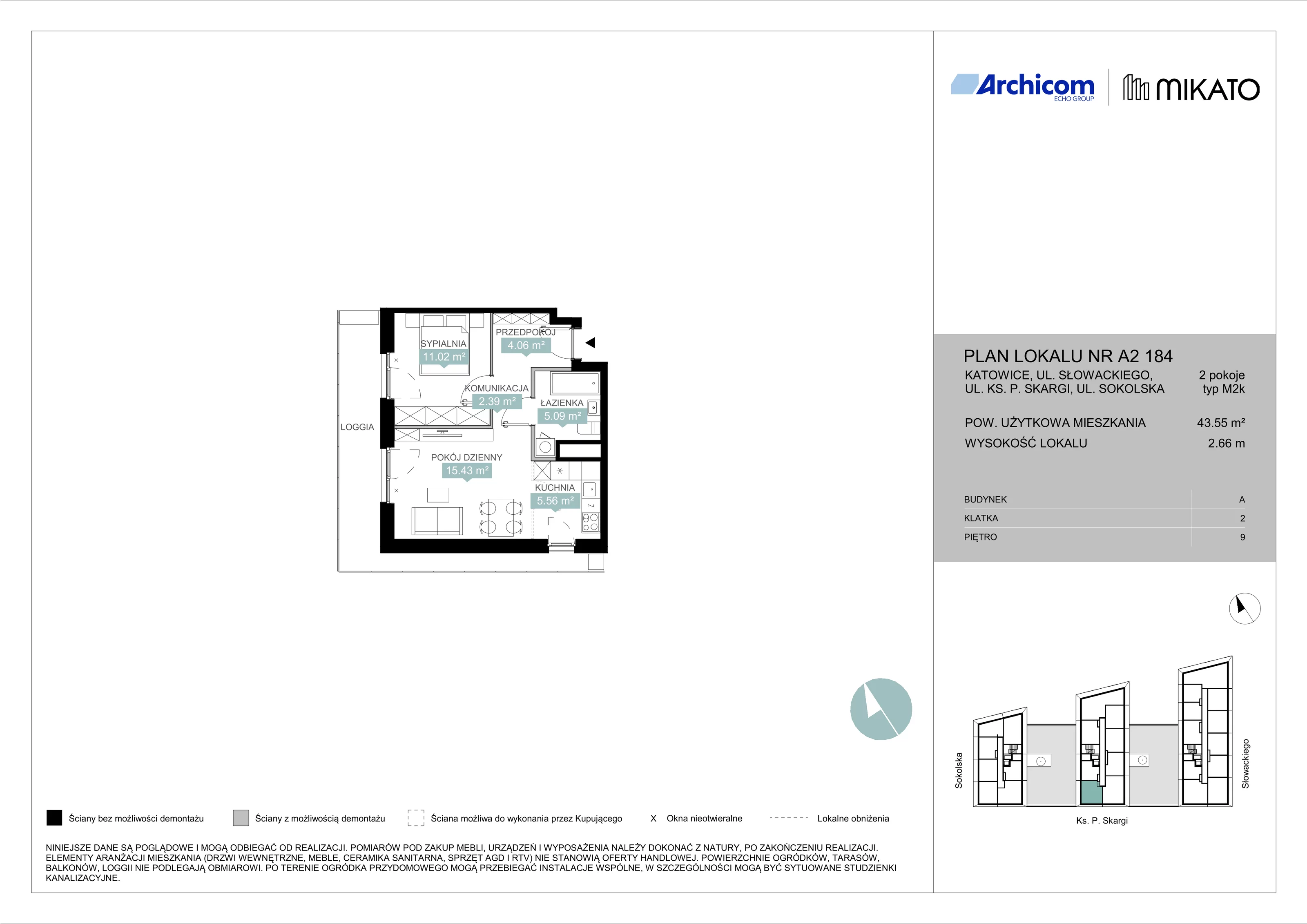 2 pokoje, mieszkanie 43,55 m², piętro 9, oferta nr A2 184, Mikato, Katowice, Śródmieście, Bogucice, ul. Piotra Skargi 1