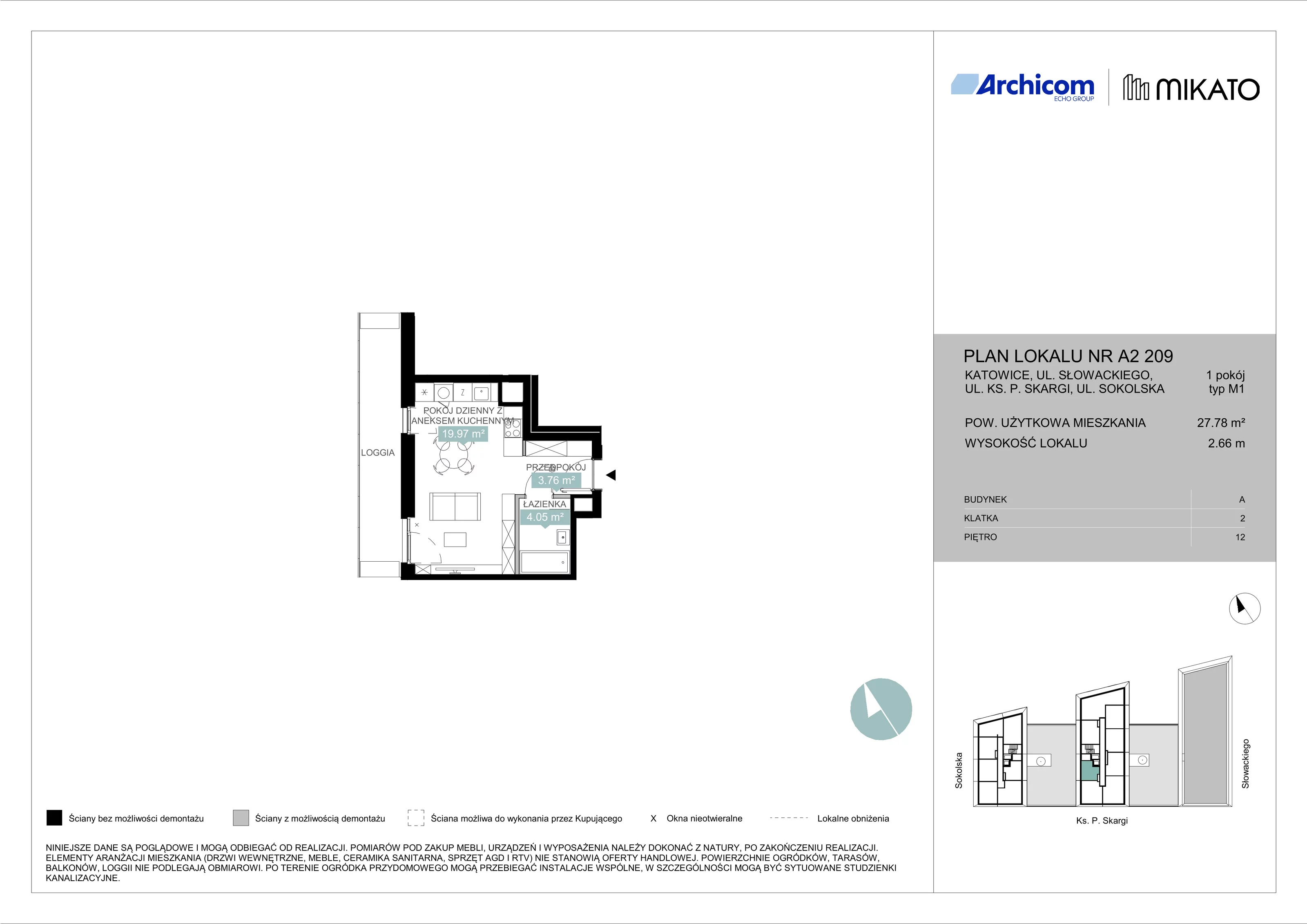 1 pokój, mieszkanie 27,81 m², piętro 12, oferta nr A2 209, Mikato, Katowice, Śródmieście, Bogucice, ul. Piotra Skargi 1