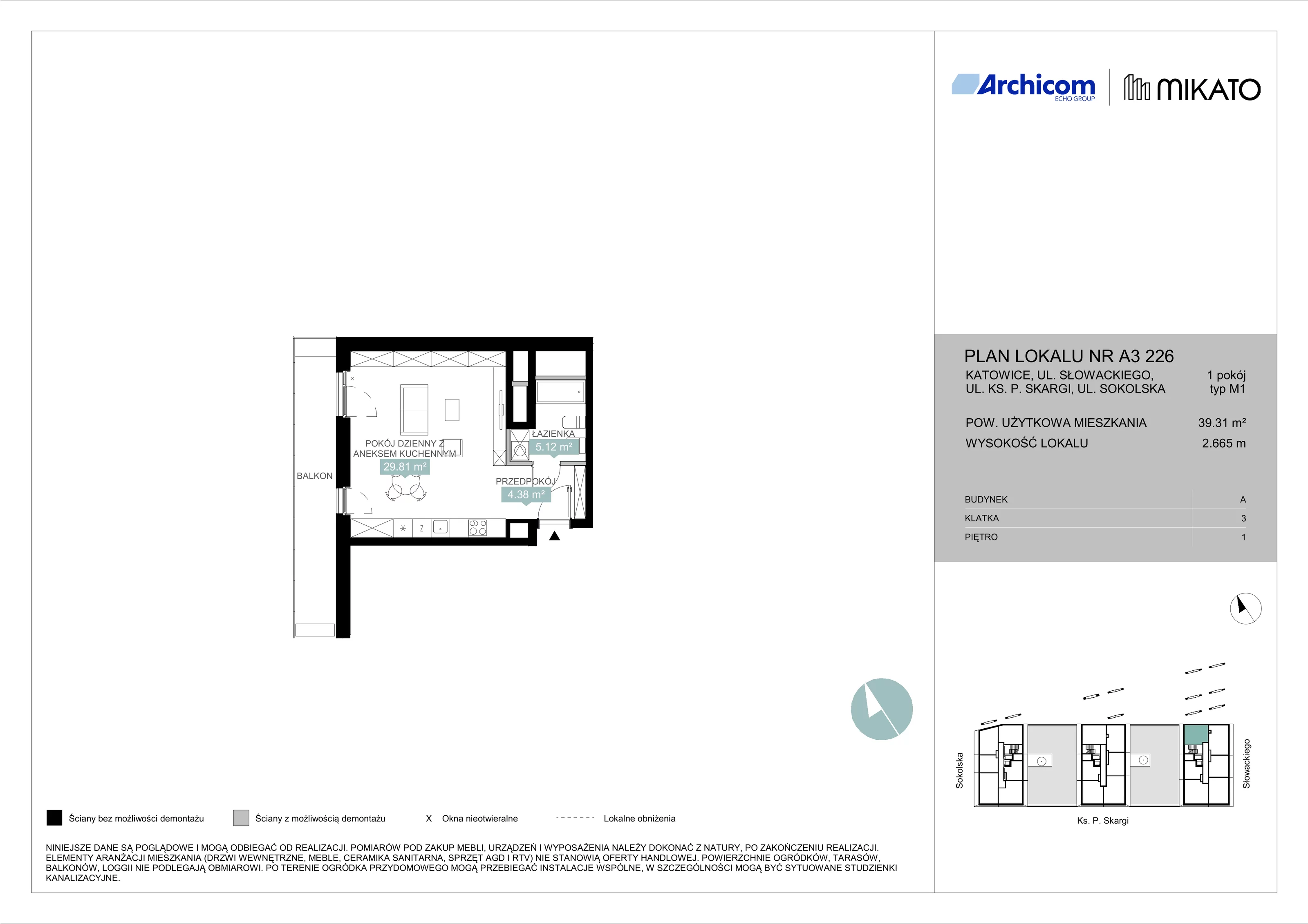 1 pokój, mieszkanie 39,31 m², piętro 1, oferta nr A3 226, Mikato, Katowice, Śródmieście, Bogucice, ul. Piotra Skargi 1