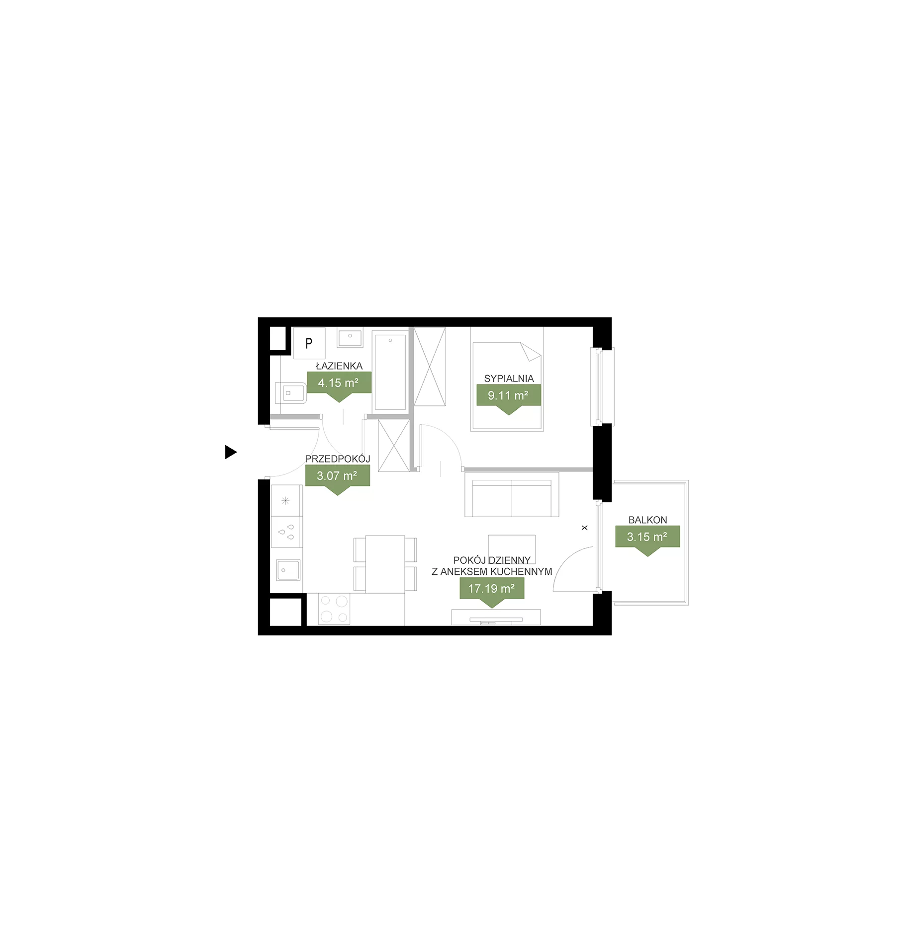 2 pokoje, mieszkanie 33,52 m², piętro 1, oferta nr A1 3, Zakątek Telimeny, Kraków, Bieżanów-Prokocim, ul. Duża Góra 34