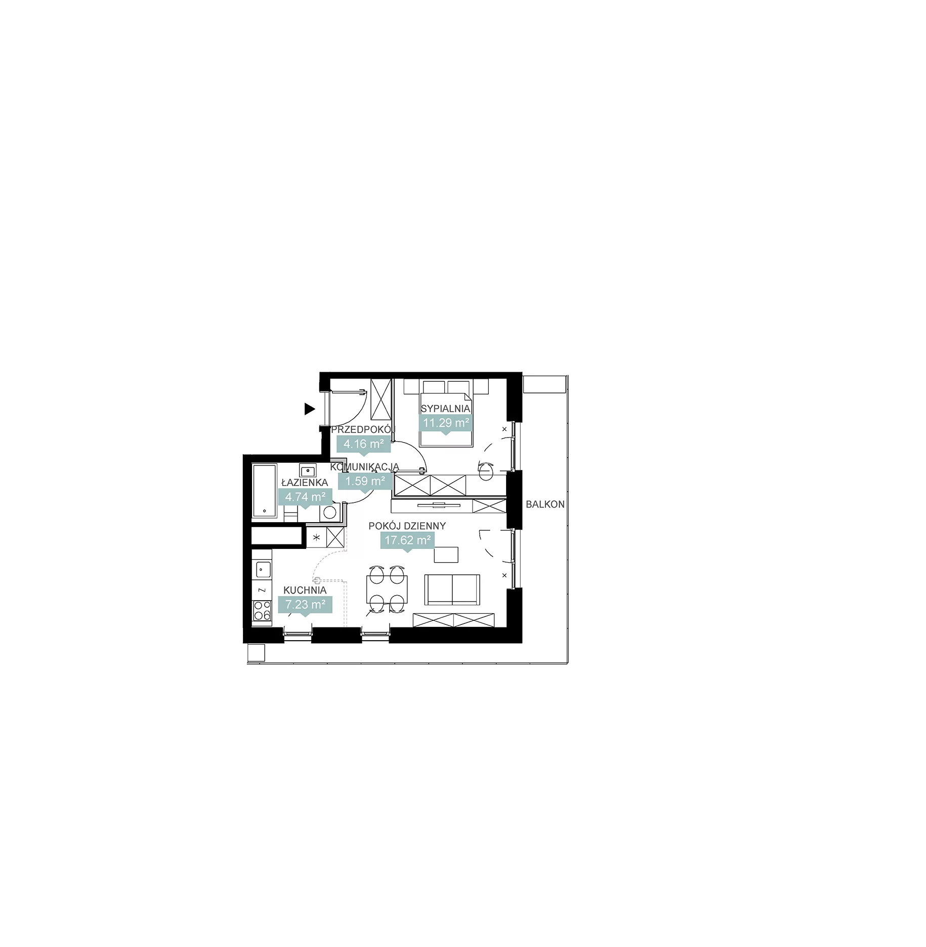 2 pokoje, mieszkanie 46,63 m², piętro 3, oferta nr A1 15, Mikato, Katowice, Śródmieście, Bogucice, ul. Piotra Skargi 1