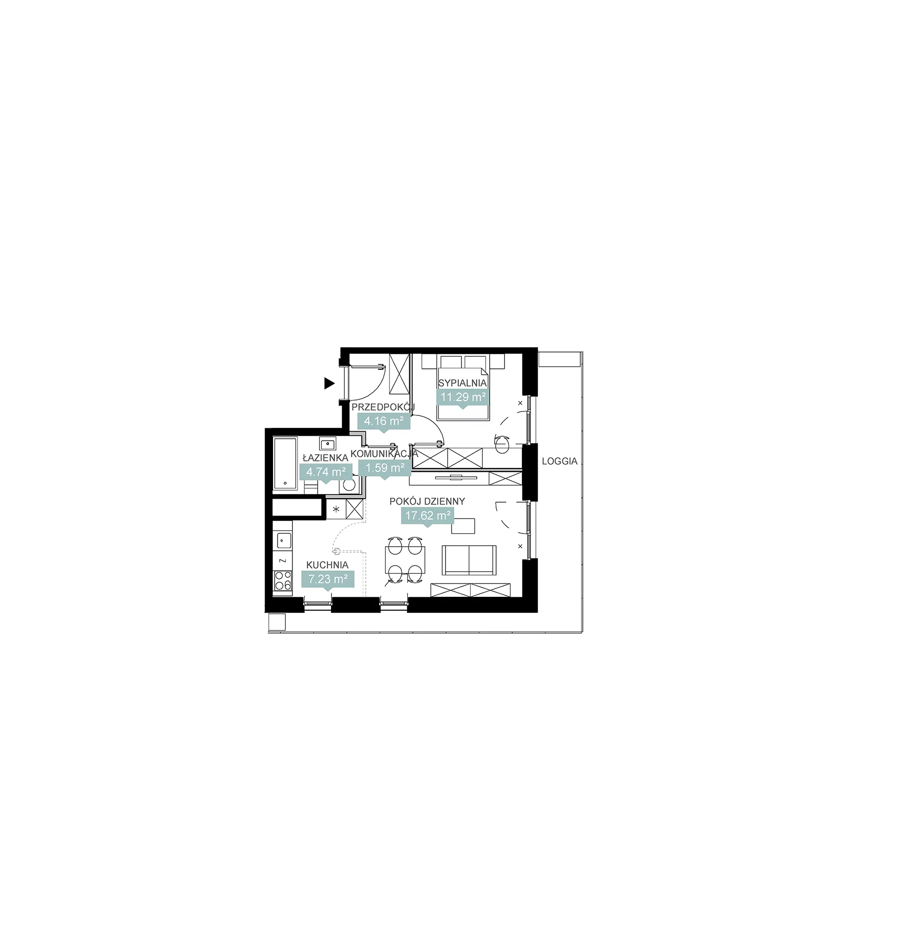 2 pokoje, mieszkanie 46,63 m², piętro 7, oferta nr A1 43, Mikato, Katowice, Śródmieście, Bogucice, ul. Piotra Skargi 1