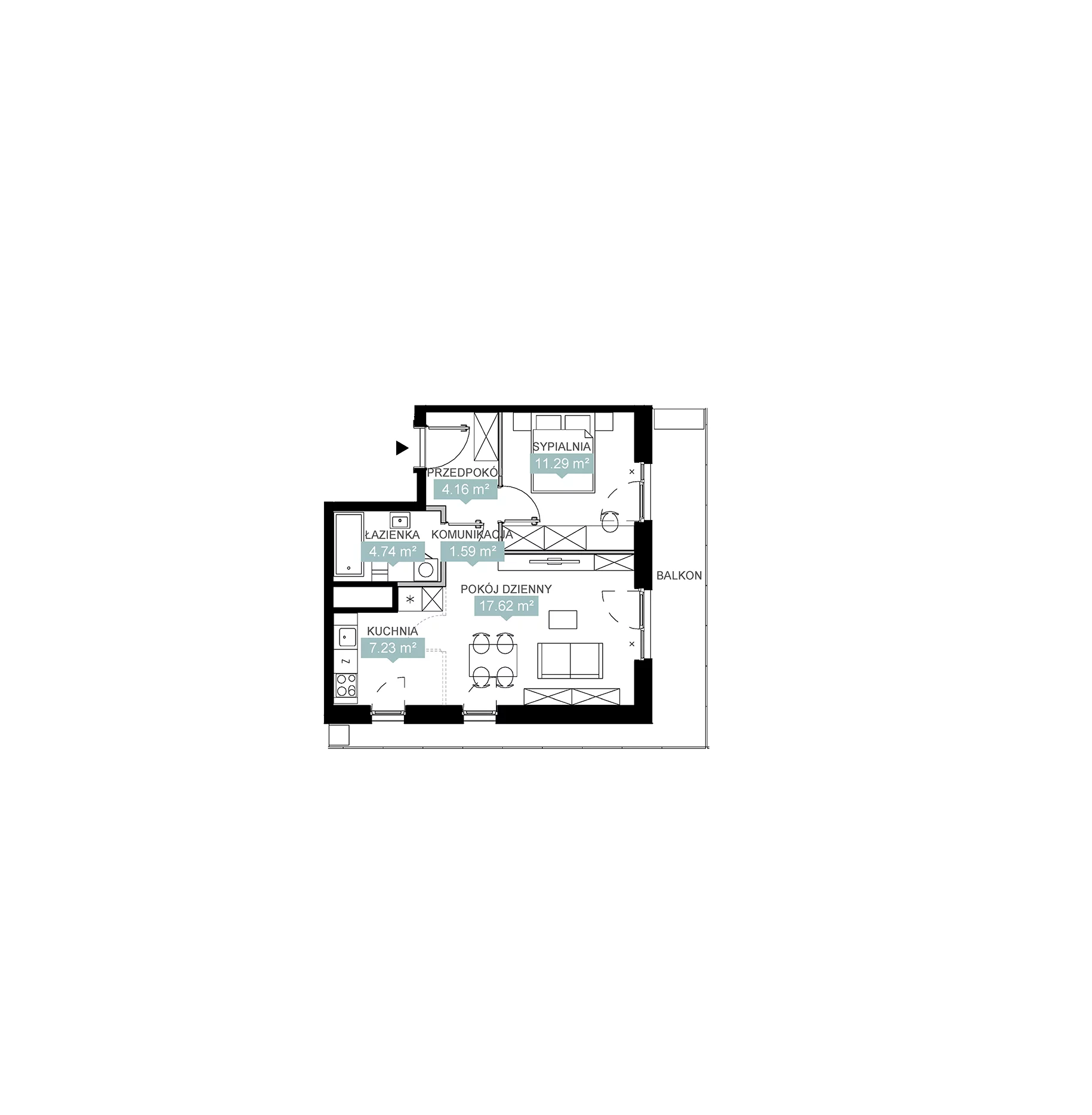 2 pokoje, mieszkanie 46,63 m², piętro 2, oferta nr A1 8, Mikato, Katowice, Śródmieście, Bogucice, ul. Piotra Skargi 1