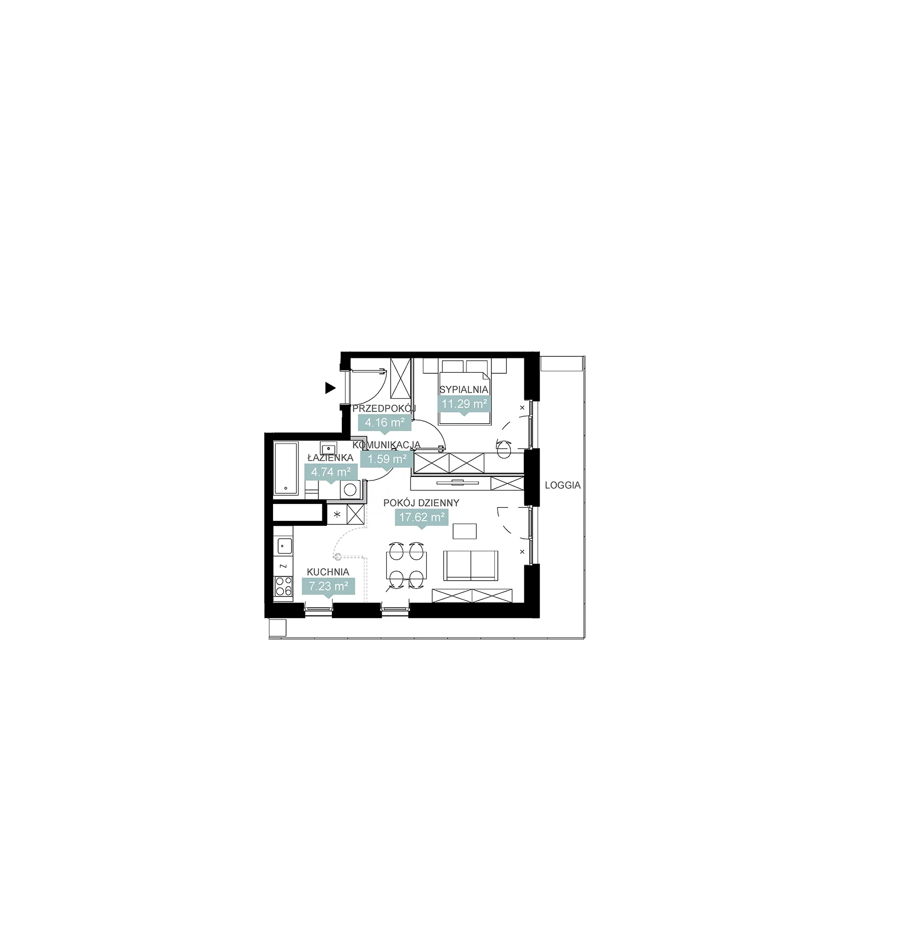 2 pokoje, mieszkanie 46,63 m², piętro 13, oferta nr A1 85, Mikato, Katowice, Śródmieście, Bogucice, ul. Piotra Skargi 1