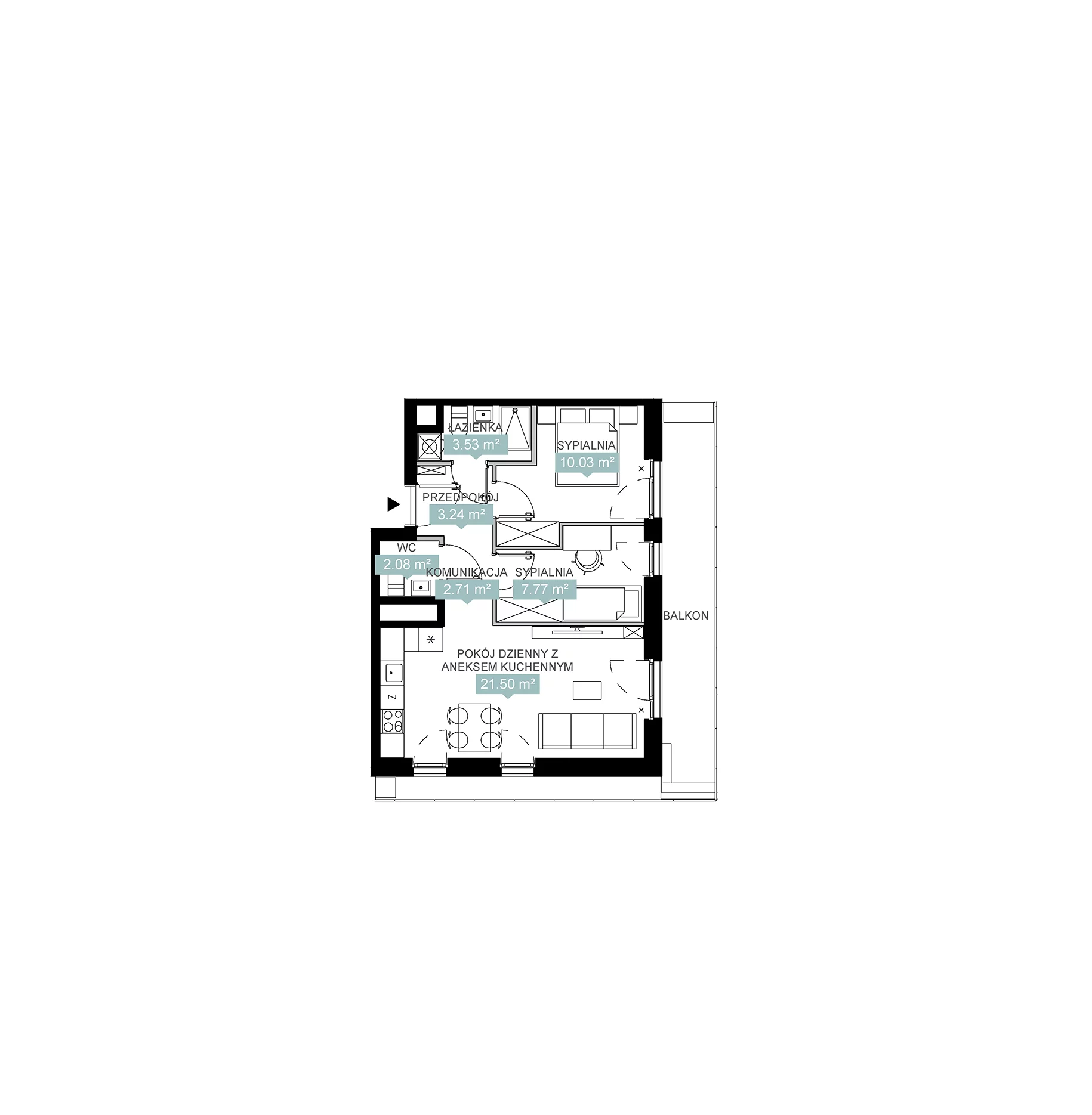 3 pokoje, mieszkanie 50,86 m², piętro 1, oferta nr A2 115, Mikato, Katowice, Śródmieście, Bogucice, ul. Piotra Skargi 1