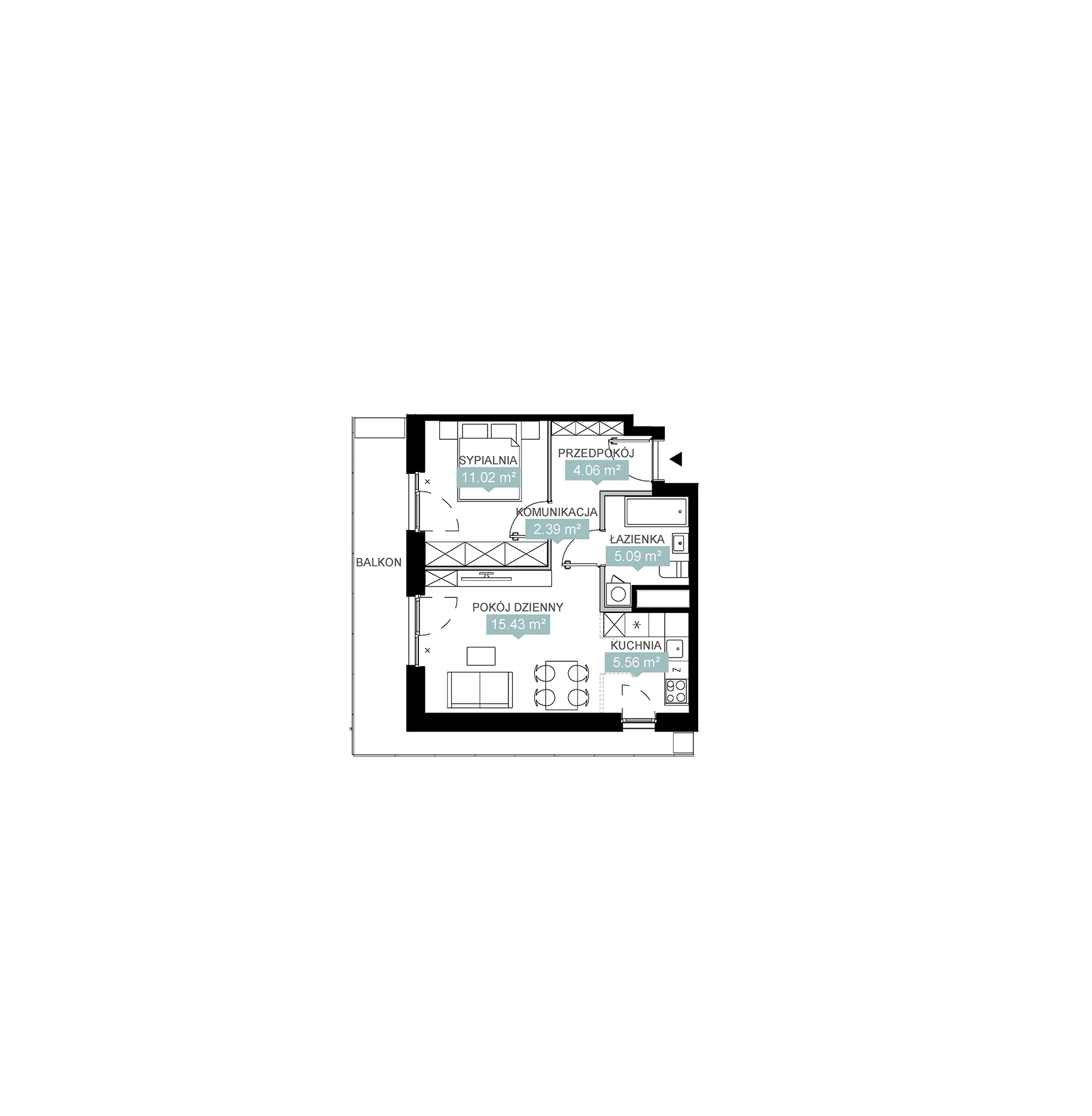 2 pokoje, mieszkanie 43,55 m², piętro 2, oferta nr A2 125, Mikato, Katowice, Śródmieście, Bogucice, ul. Piotra Skargi 1