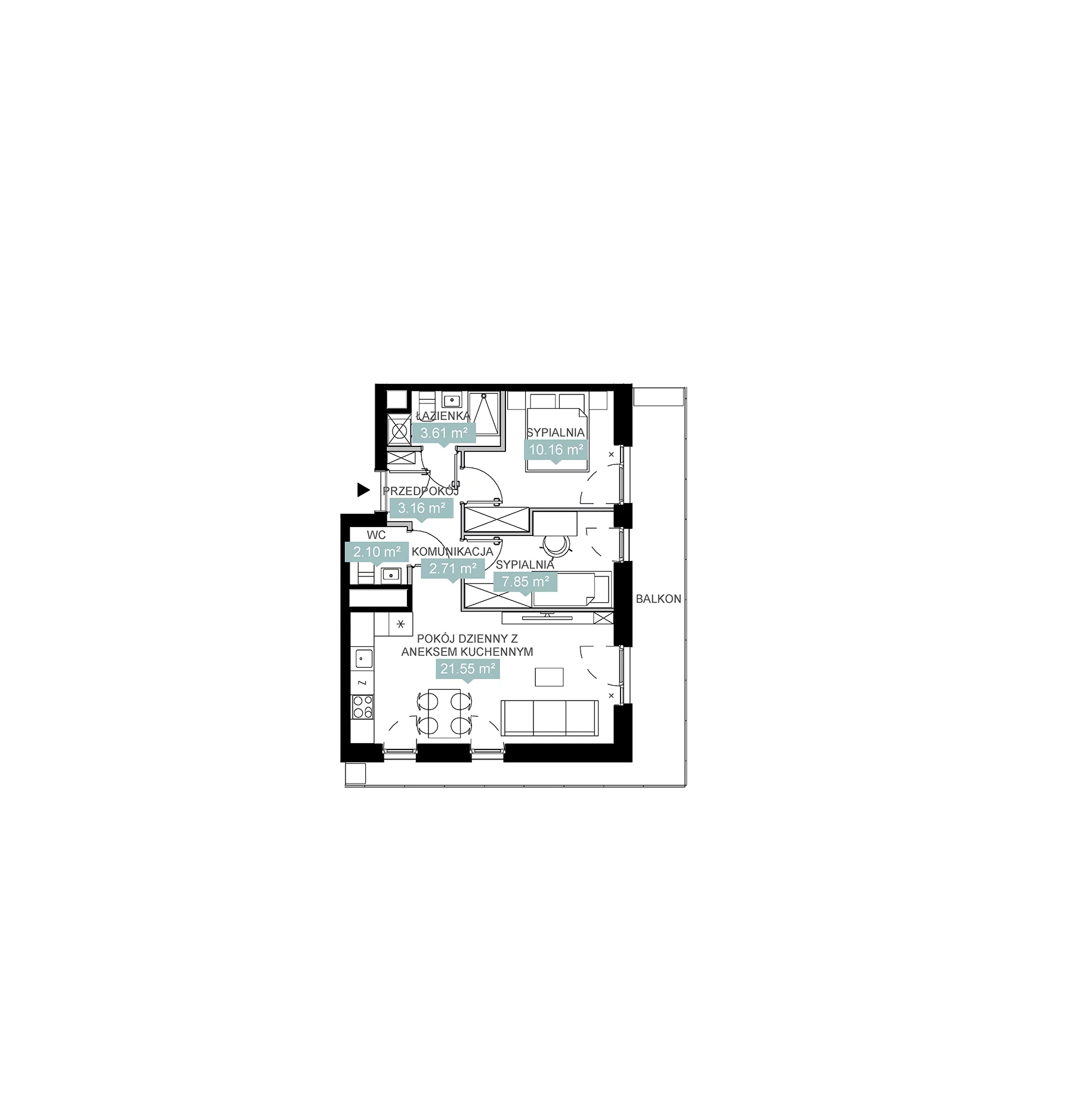 3 pokoje, mieszkanie 51,14 m², piętro 5, oferta nr A2 151, Mikato, Katowice, Śródmieście, Bogucice, ul. Piotra Skargi 1