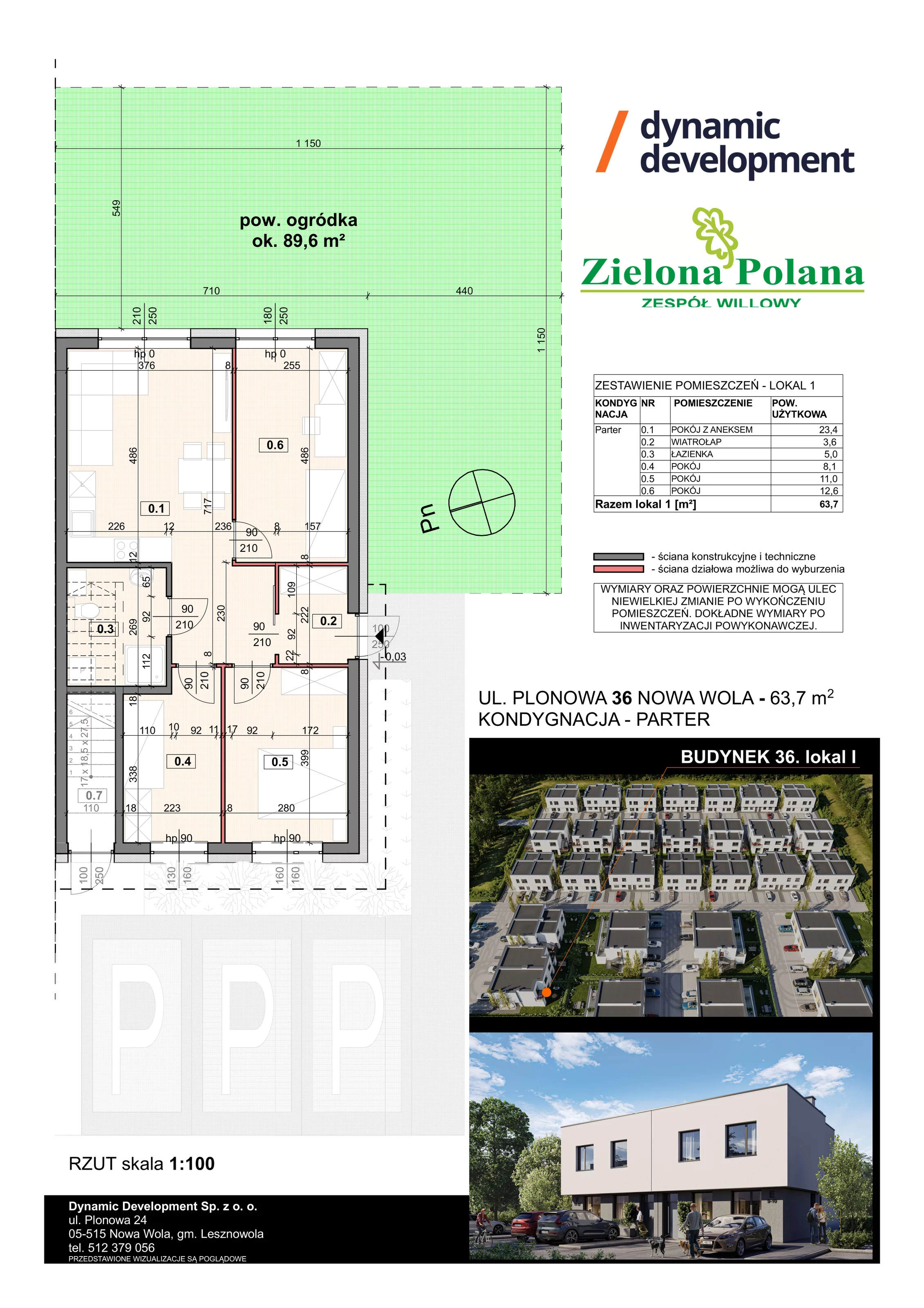 4 pokoje, apartament 63,70 m², parter, oferta nr 36/1, Zielona Polana Etap 6, Nowa Wola, ul. Plonowa 36